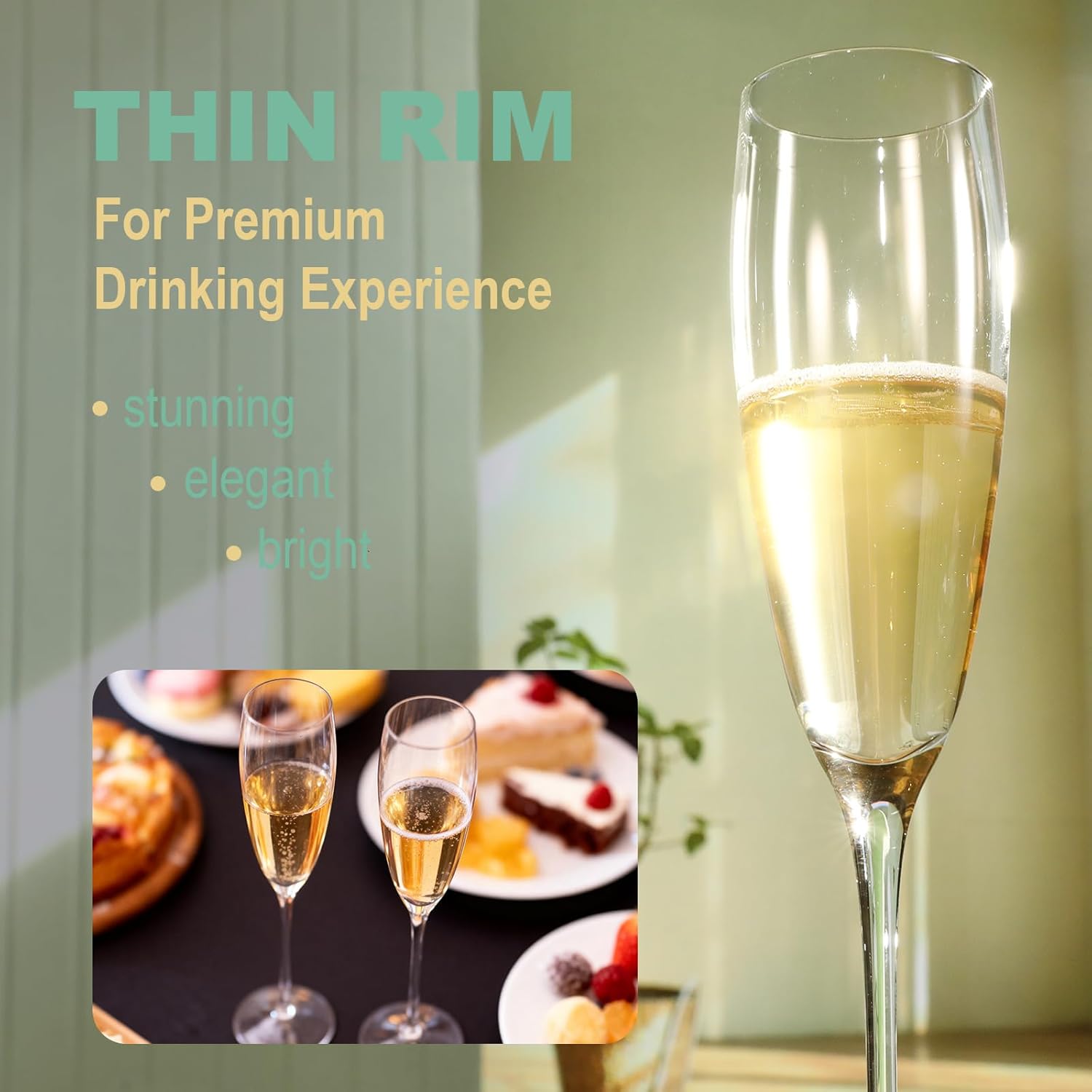 Champagne Flutes Set of 4, 8 oz, Hand Blown Lead-Free Premium Crystal Champagne Glasses, mint green Thread with Stem,Thin Rim, -Daily Use,Unique Wedding Anniversary or Birthday Gift,Party - Image 4