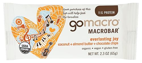GoMacro MacroBar, barra de proteína vegana orgánica, coco, mantequilla de almendras + chispas de chocolate, 2.3 onzas