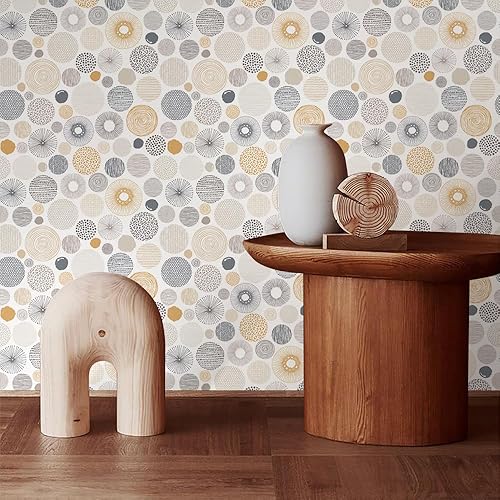 Miniatura 3 de Papel tapiz de 18 x 236 pulgadas, diseño geométrico bohemio de círculo, fácil de despegar, papel de contacto de vinilo vintage, autoadhesivo,