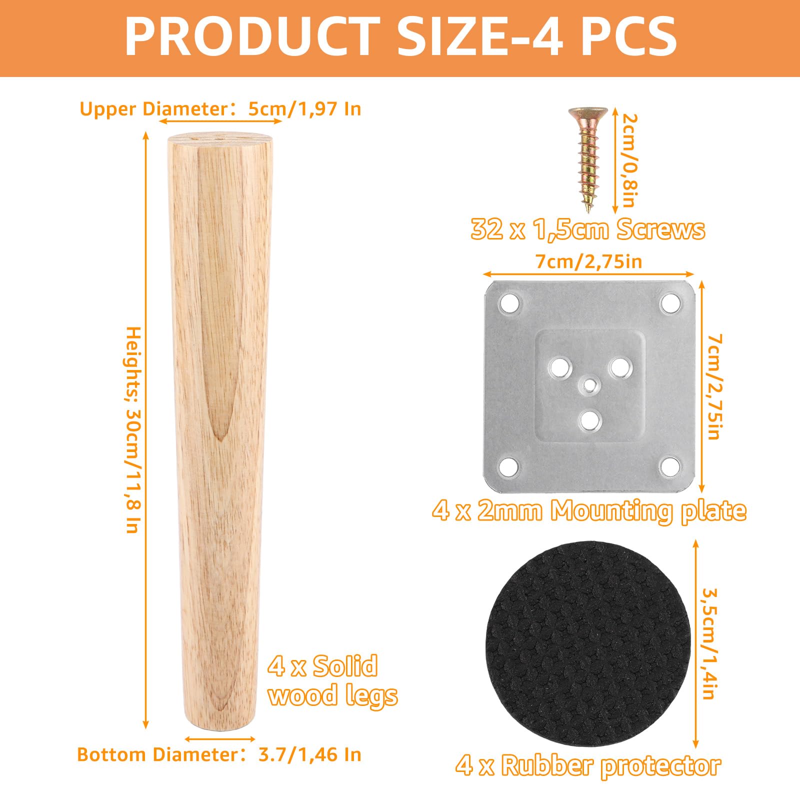 4 patas para muebles de madera, 30 cm, madera maciza, cónicas, de repuesto, patas de sofá, patas de muebles con placas de montaje y tornillos para sofá, cama, armario, silla