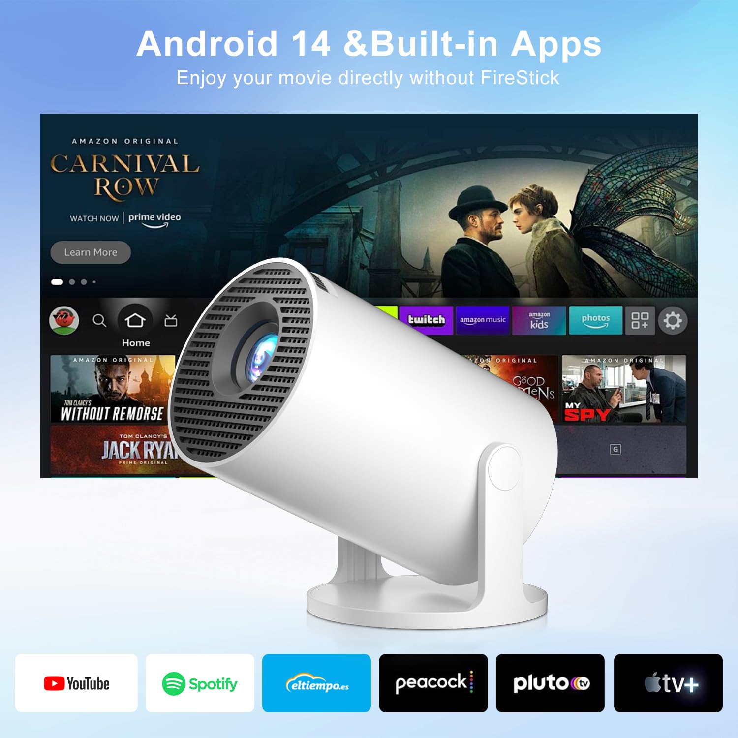 Salange Mini Proyector 4K, Proyector Portátil Inteligente Android 14 WiFi 6 Bluetooth 5.4, Corrección Trapezoidal Automática, 8000L, Rotación 270°, Interior y Exterior, Blanco