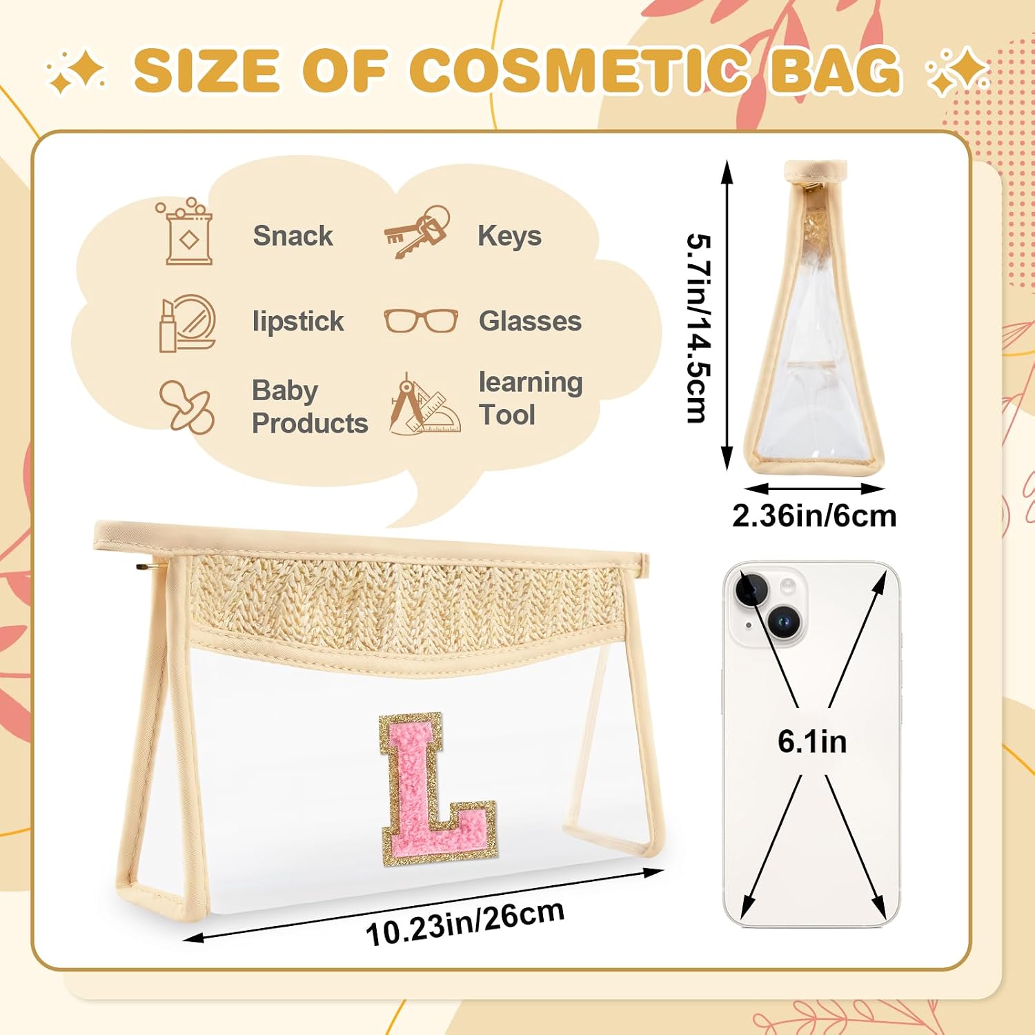 Small Boho Straw Initial Letter Makeup Bag Personalized Gift ,Cute Clear Chenille Patch Makeup Bag With Zipper,Trendy TSA Approved Travel Toiletry Bag,Gift for Women Girls Birthday Friend, Letter L image 2