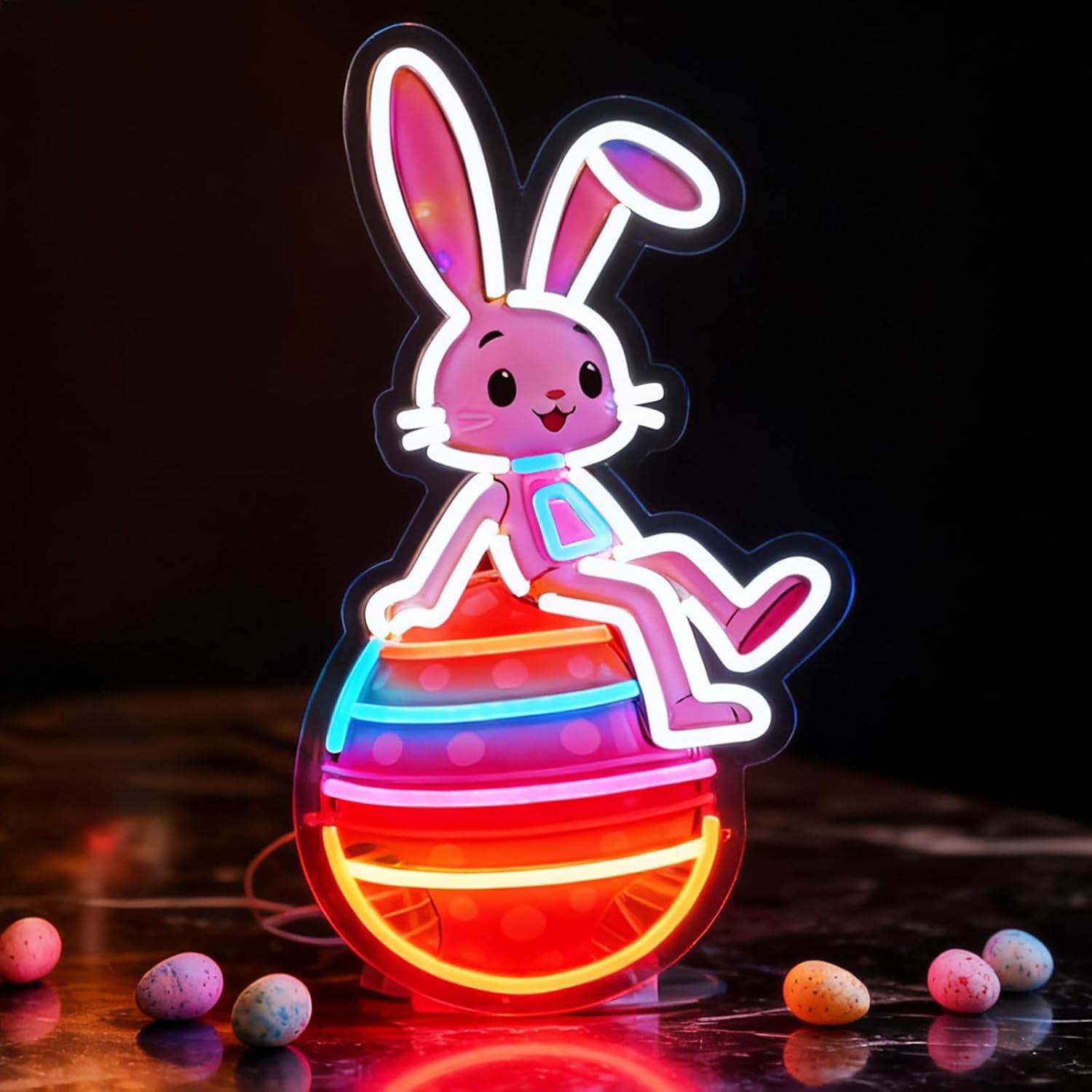 Easter Egg Neon Sign with Bunny - 17.3"x9.4" Easter Decorations LED Neon Light for Wall, USB Powered with 5-Level Dimmer, Spring Rabbit Holiday Decor for Home, Party, Kids Room