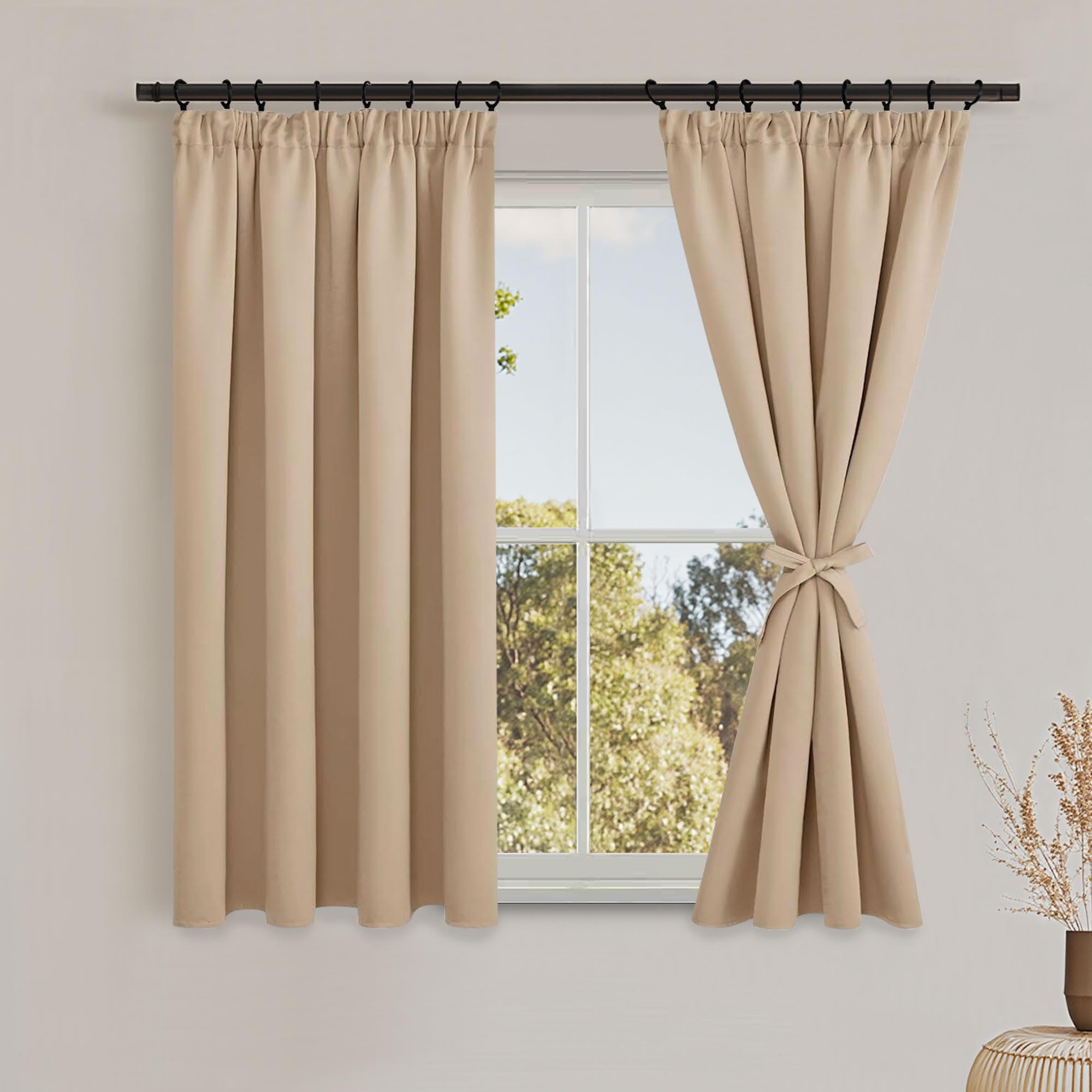 DWCN Blackout Curtains for Bedroom Thermal Insulated Curtain Pencil Pleat Window Curtains for Living Room with Tiebacks 66 x 54 inch Length, Beige, 2 Panels — image 1