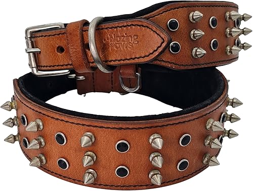 BlazingPaws Sabrington - Collar de perro de cuero con púas de lujo de 2 pulgadas de ancho para perros grandes, cuero tostado bridle grueso con