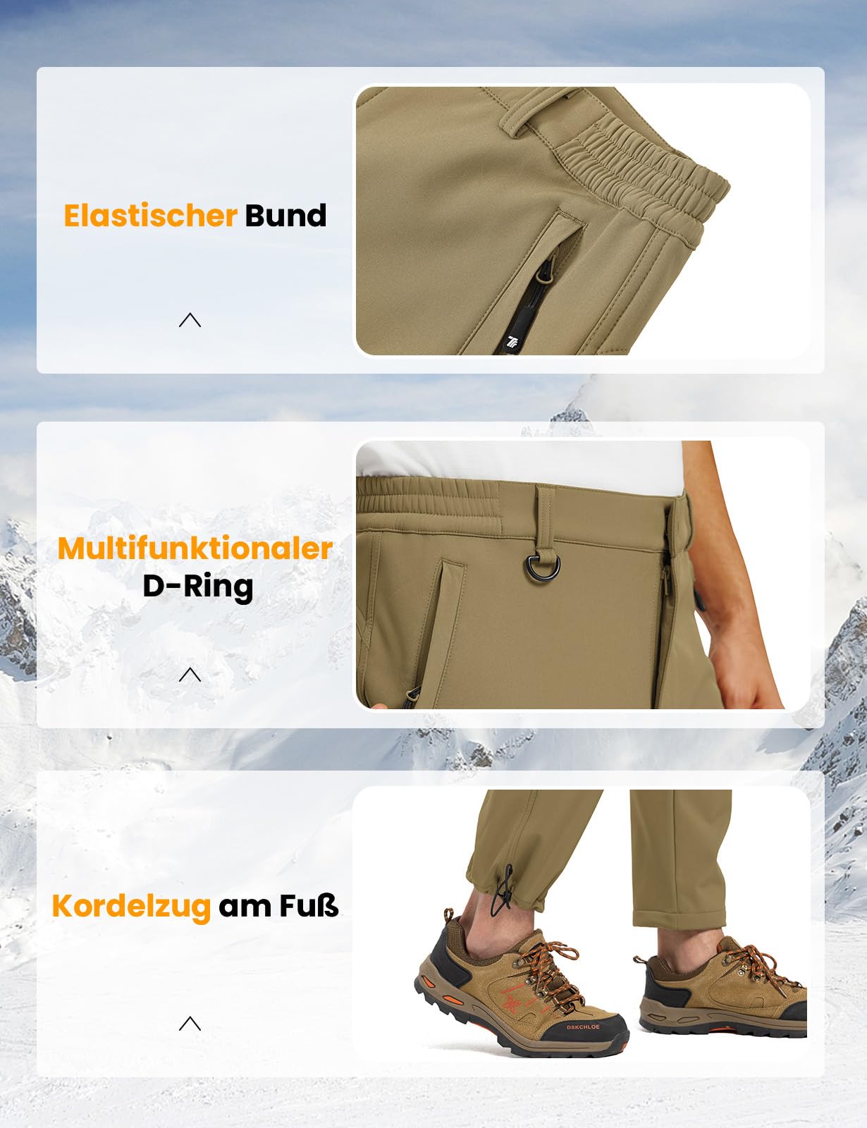 Rdruko Softshellhose Herren Wasserdicht Skihose Wanderhose Thermohose | Winter Snowboardhose Winddicht Schneehose Trekkinghose Outdoorhose Warme Gefüttert mit 4 Taschen für Skifahren Wandern