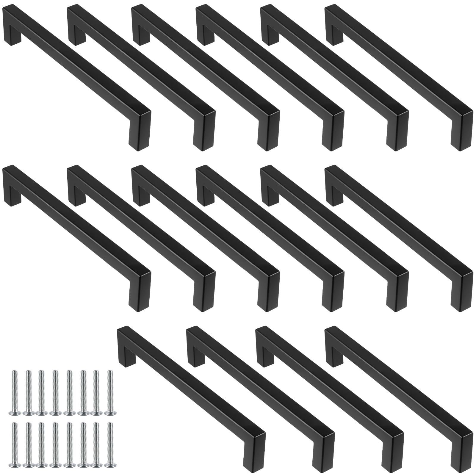 Poignées de meuble 192mm noires lot de 16 en acier inoxydable pour cuisine moderne