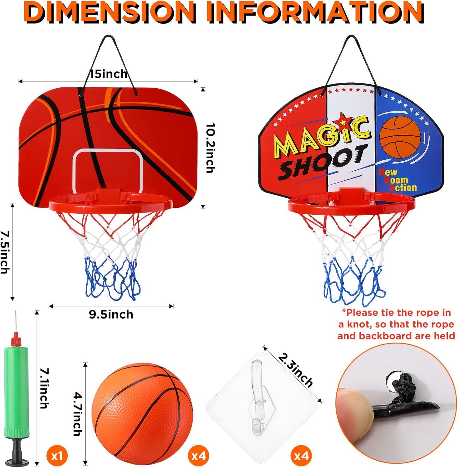 sosation 2 pcs mini basketball hoop with 4 basketball, sticky hook, pump, indoor no drilling basket ball hoop decompress game for kid adult back to school gift shoot style