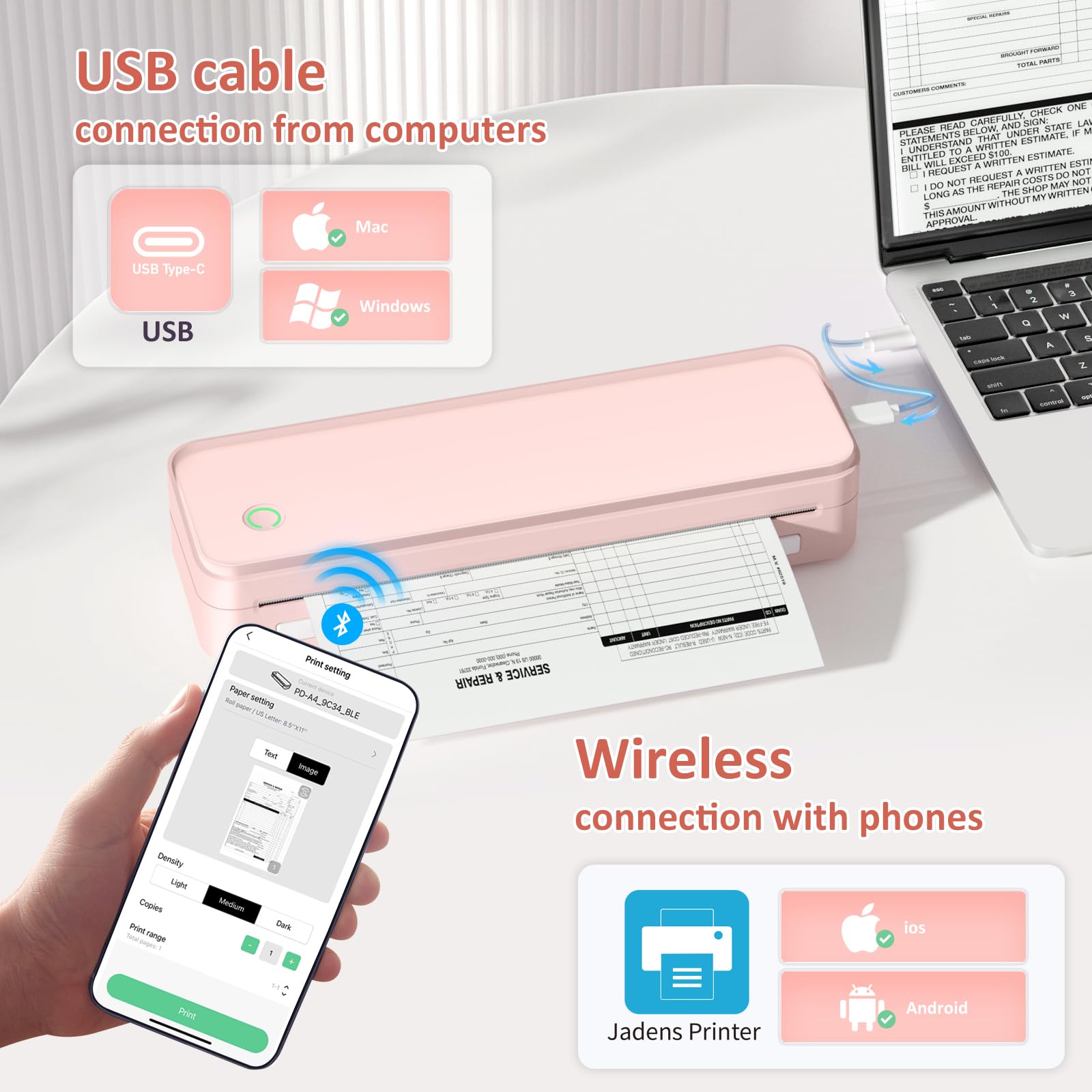Gloryang Stampante portatile senza inchiostro da viaggio, stampante termica senza fili, supporta 21,6 x 27,9 cm, formato lettera americana, macchina Bluetooth con custodia per il trasporto e 3 rotoli