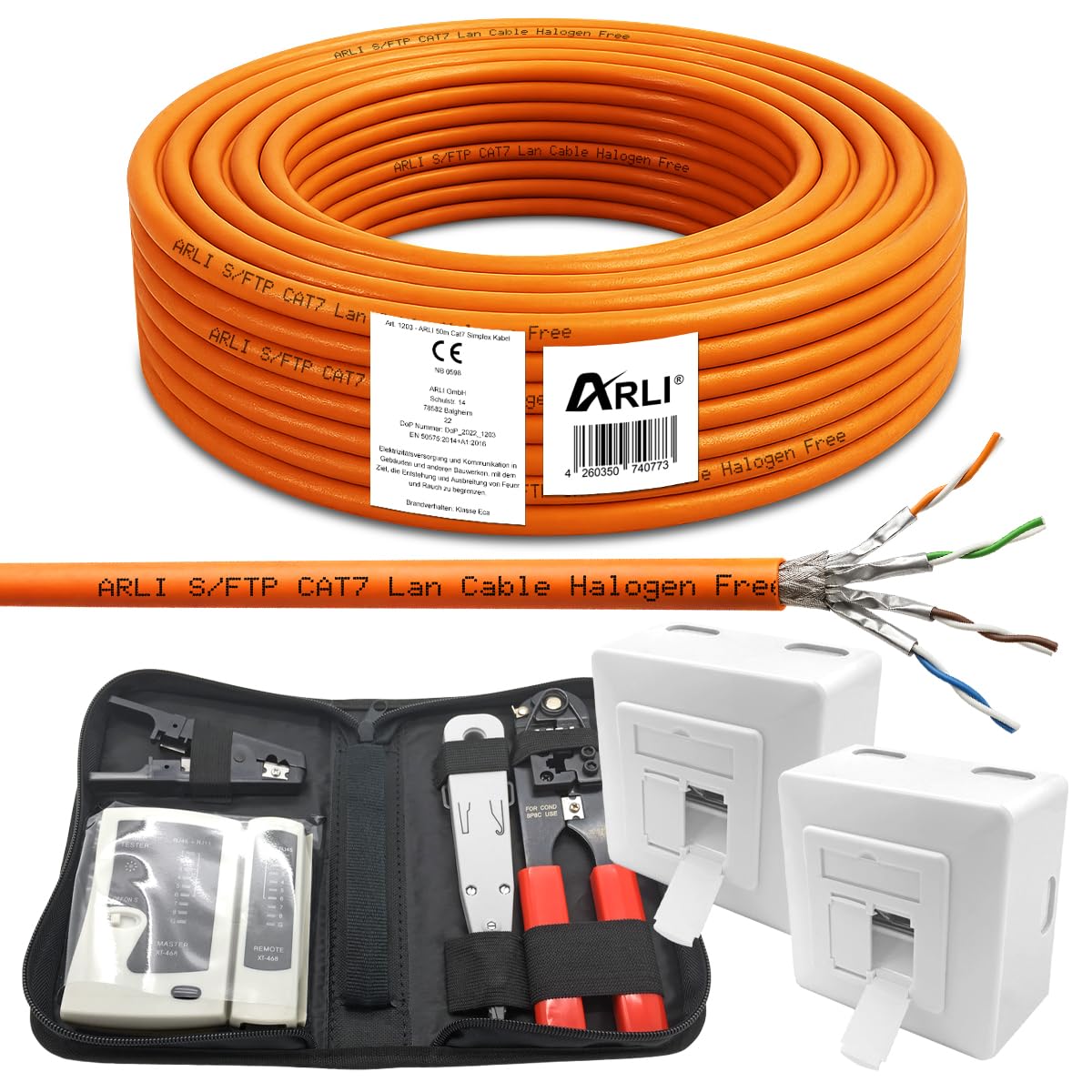 ARLI CAT 7 25m Verlegekabel Netzwerkkabel CAT.7 + 2x Netzwerkdose Cat6a + 1x Werkzeugset Crimpzange Abisoliermesser Tester Netzwerk Werkzeug Set 4 in 1 S/FTP CAT7 PIMF Kabel AWG23/1 Ethernet 25 m