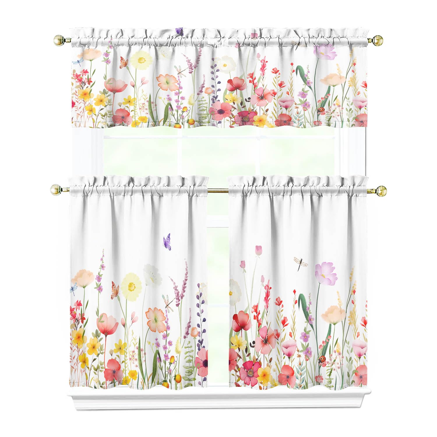 Ritgssi Kitchen Curtains 36 Inch Length，Durable Butterfly and Floral Curtains Set of 3,Vibrant Colors Spring Kitchens Window Curtain Over Sink for