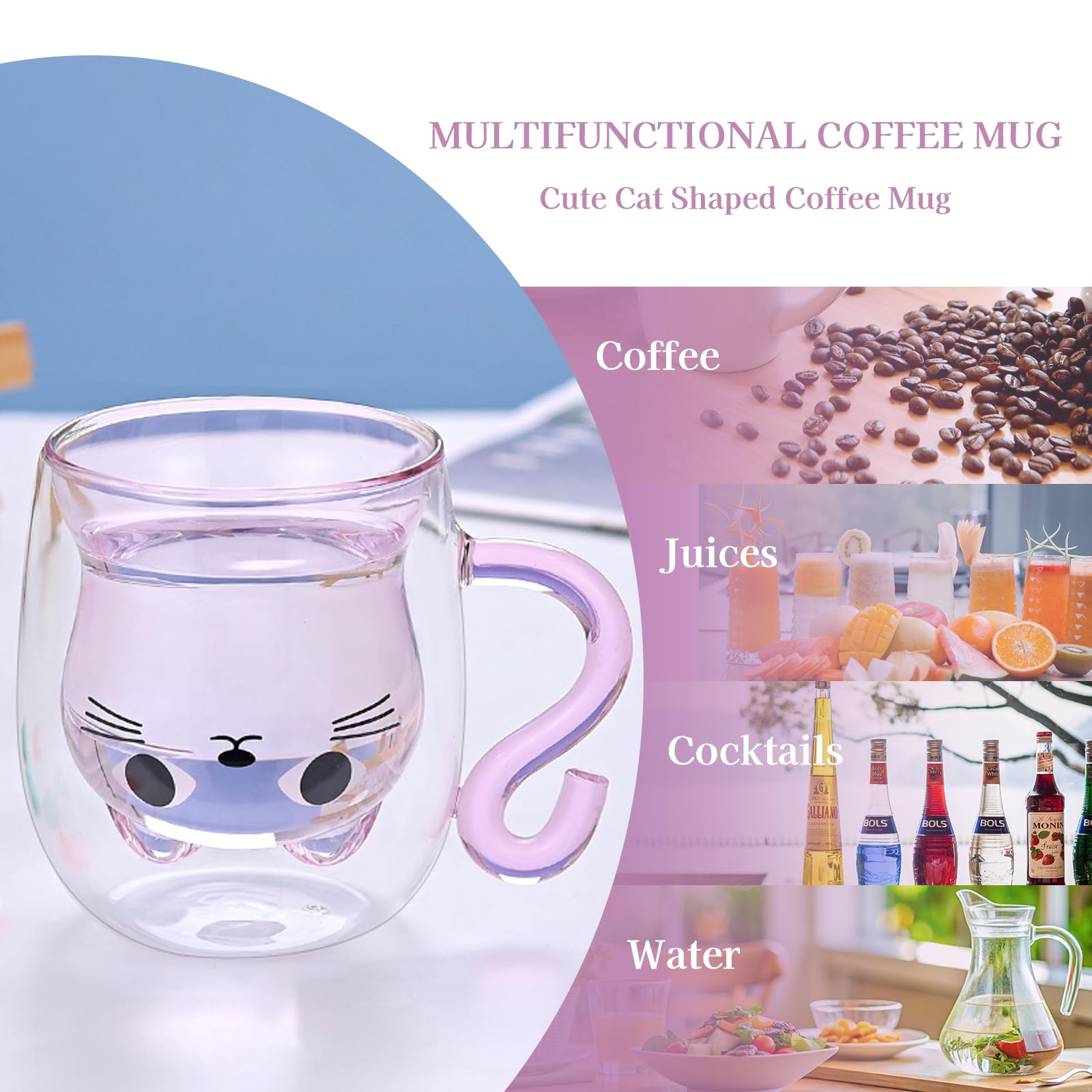 Tazza In Vetro A Doppia Parete 280 Ml Con Gatto E Cucchiaio - Idea Regalo Per Amanti Dei Gatti