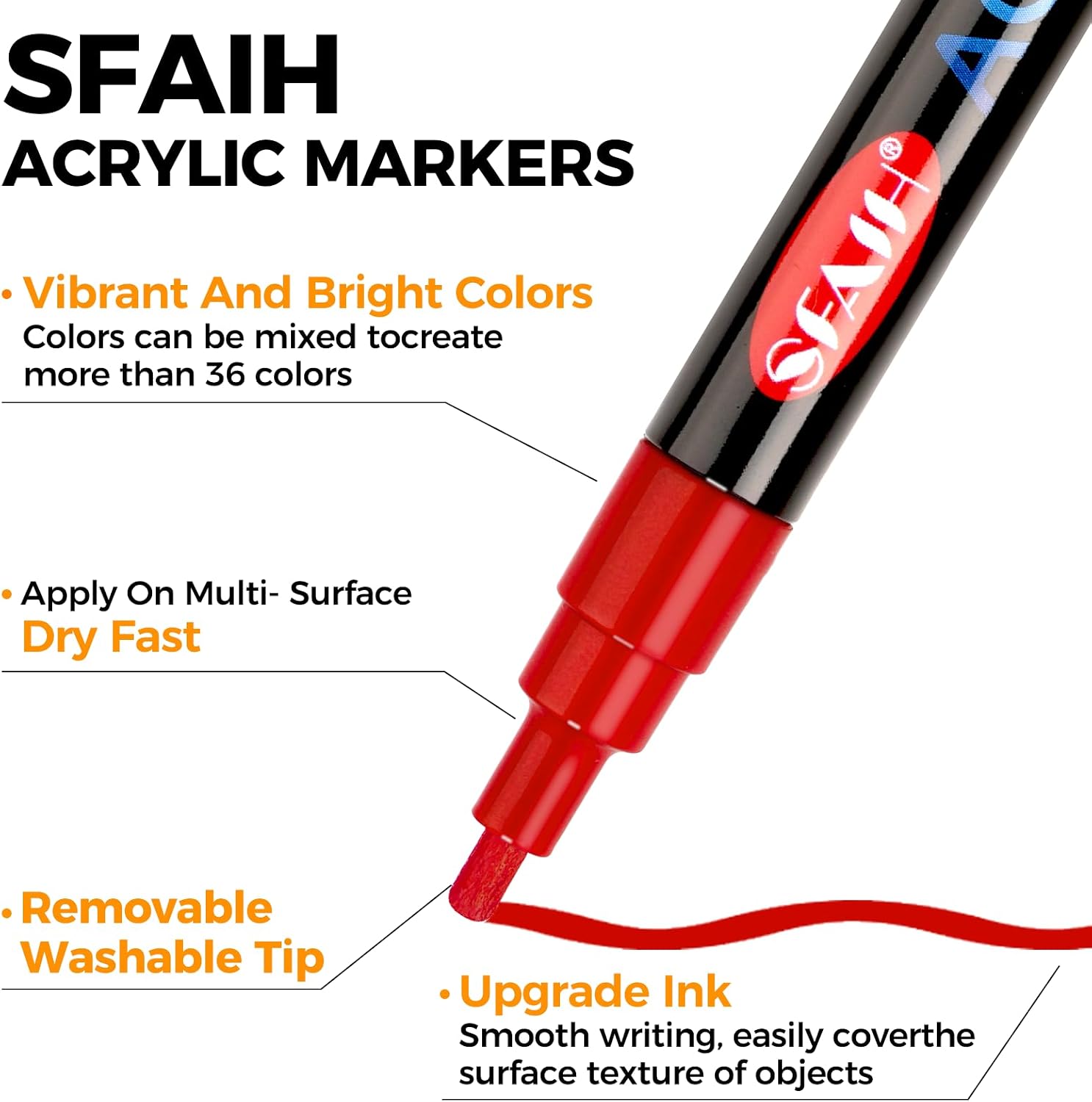 SFAIH 36 Vibrant Acrylic Paint Markers-[Ultra High Coverage]1-2mm Fine Paint Pen for Any Surface, Paper, Rock, Fabric, Wood, Non-Bleeding Water-Based Permanent Ink, Non-Toxic, Art Drawing & DIY Crafts