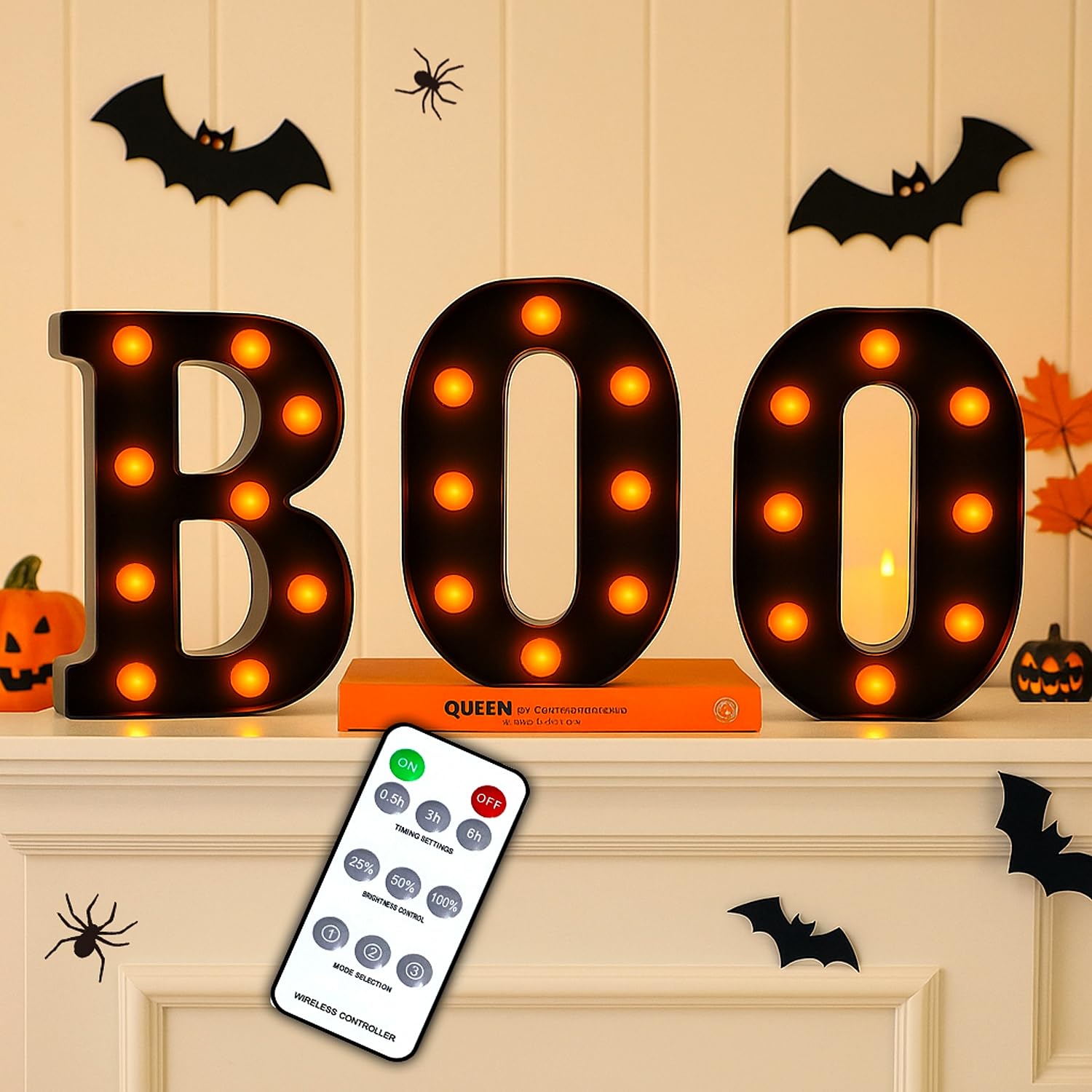 Halloween Decorations – Boo Light Up Letters with Remote | Timer, Dimmable, 3 Light Modes | Marquee Sign for Indoor Halloween Decor, Fireplace Mantel, Tabletop, Bedroom, Wall or Holiday Display