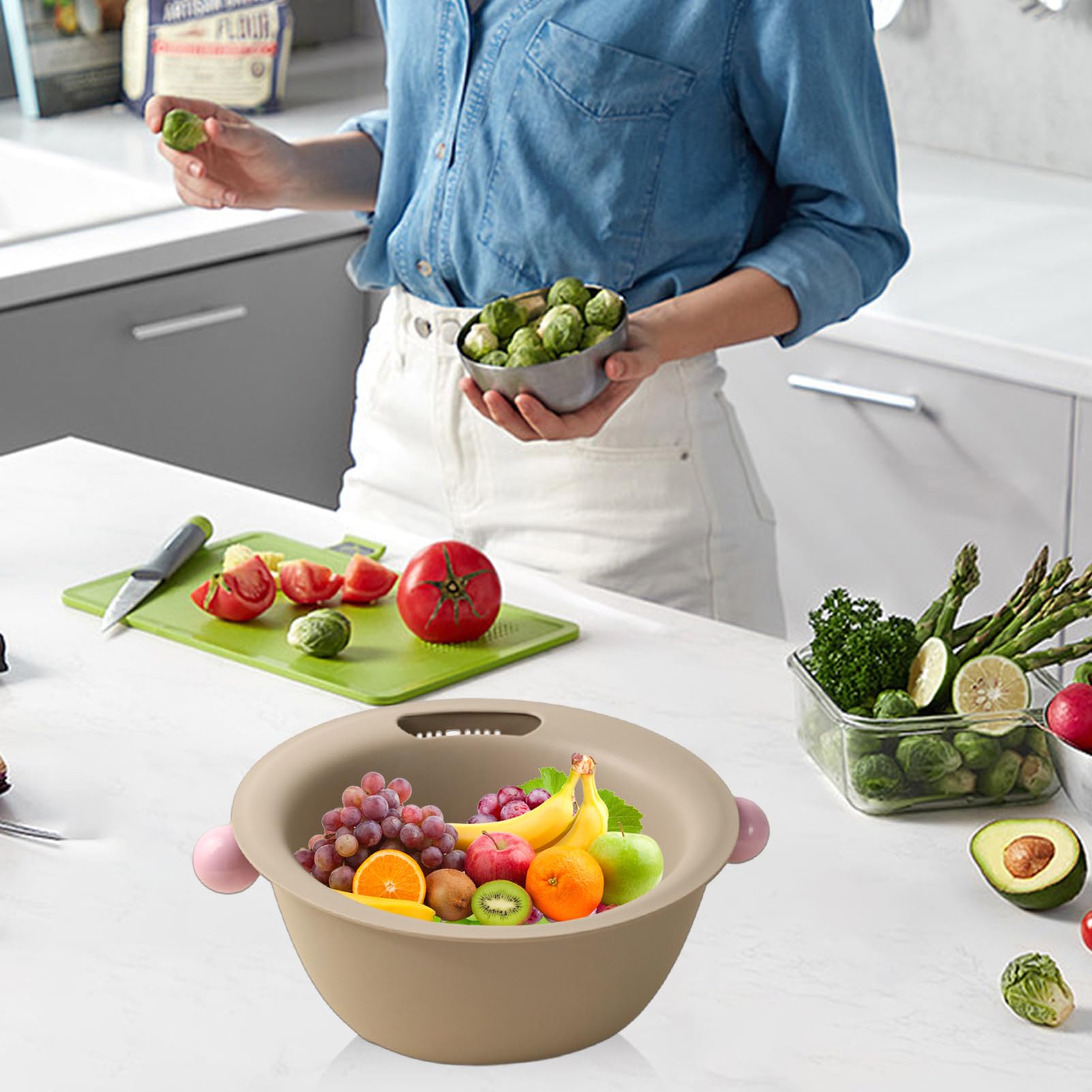 Cestino Per Frutta A Doppio Strato - Con Scolapiatti, Per Lavare E Drenare, 19.5x12x6 Cm - Foto 6