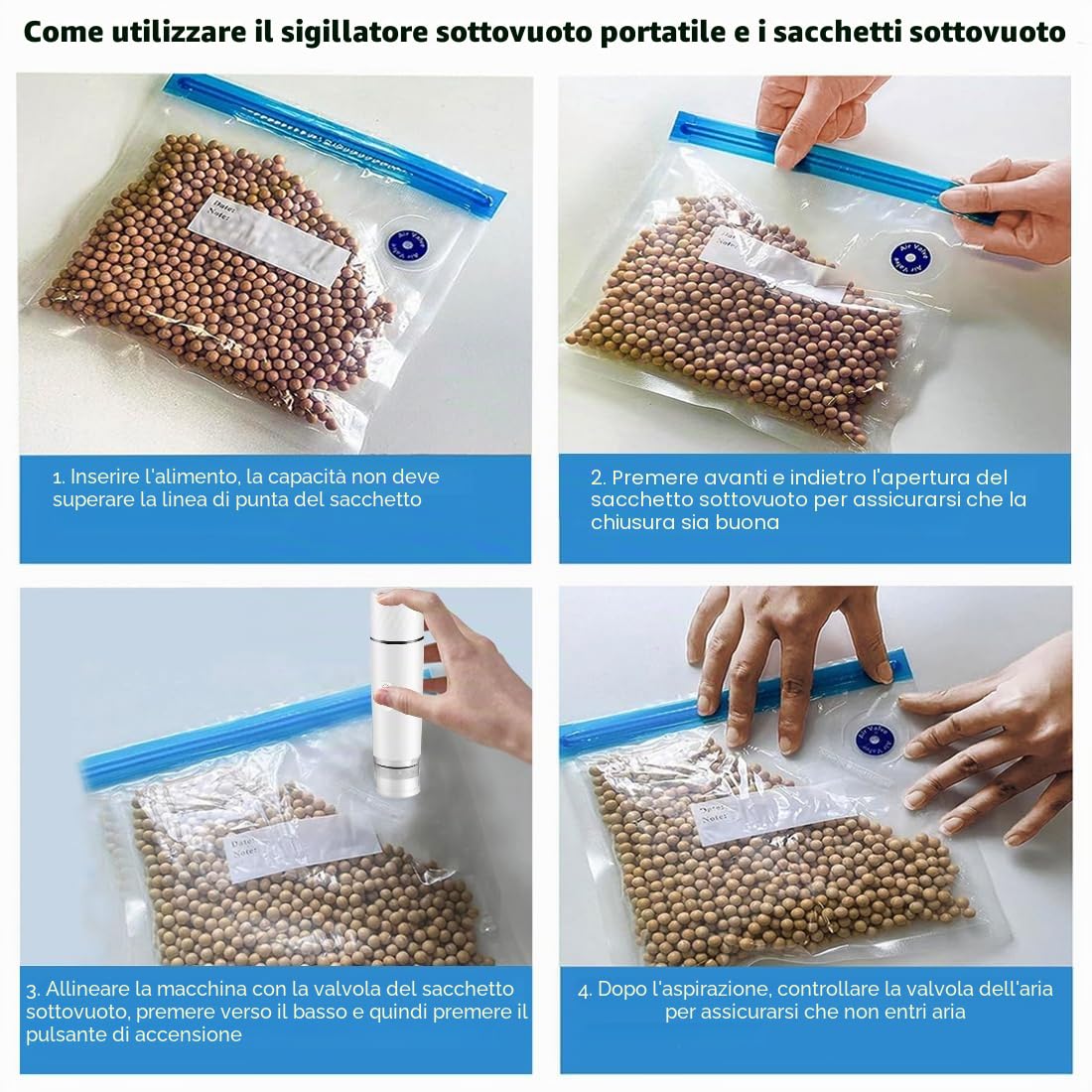 Sigillatrice sottovuoto portatile per alimenti, mini sigillatrice sottovuoto elettrica, ricaricabile, con 10 sacchetti sottovuoto riutilizzabili, per conservare e conservare gli alimenti