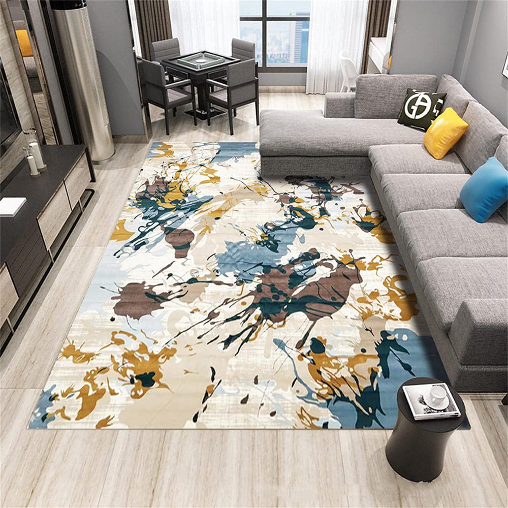 Tapis de salon doux et graphique bleu et jaune : le grand tapis de 140x200 cm idéal pour enfants