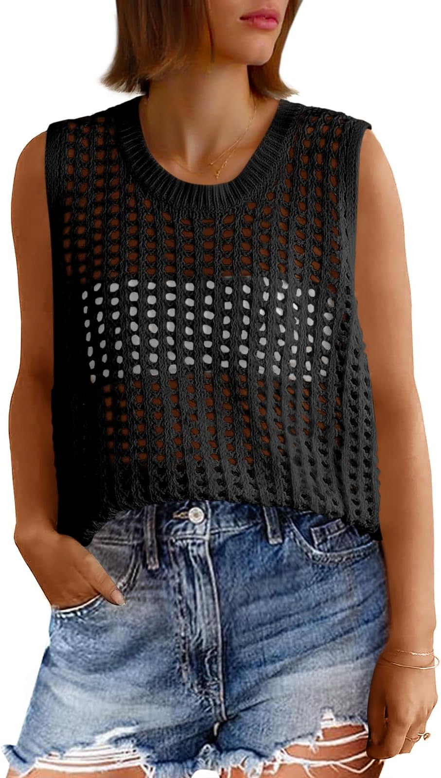 - Womens Summer Crochet Tank Tops Sleeveless Scoop Neck Loose Knit Sweater Vest Boho Hollow Out Beach Cover Ups