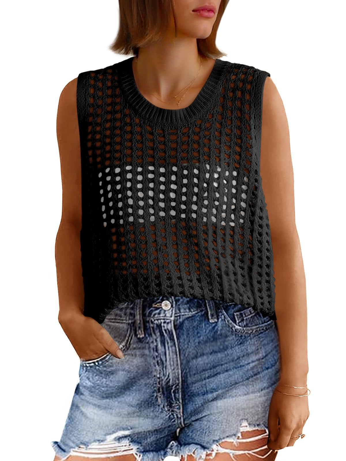 - Womens Summer Crochet Tank Tops Sleeveless Scoop Neck Loose Knit Sweater Vest Boho Hollow Out Beach Cover Ups