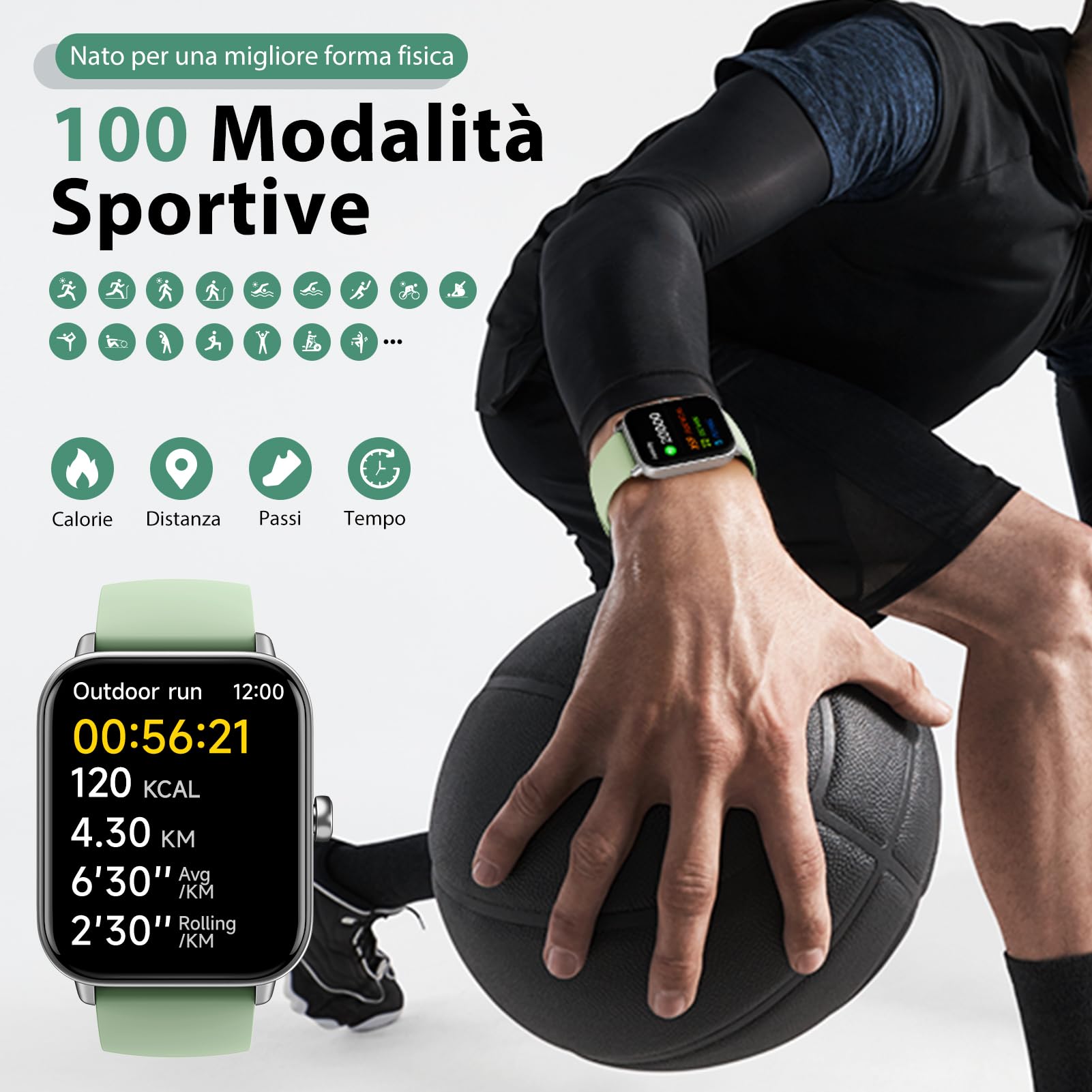 Tensky Smartwatch Uomo Donna Rispondi/Effettua Chiamate, 1.8" Orologio Alexa Integrata, SpO2/Frequenza Cardiaca/Sonno/Stress, 100 Modalità Sport, IP68 Smart Watch per Android/iOS Verde
