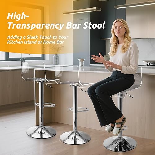 Miniatura 3 de Lessmore Juego de 2 taburetes de bar transparentes, taburetes de bar acrílicos, taburetes de bar transparentes, taburete de bar plateado de altura