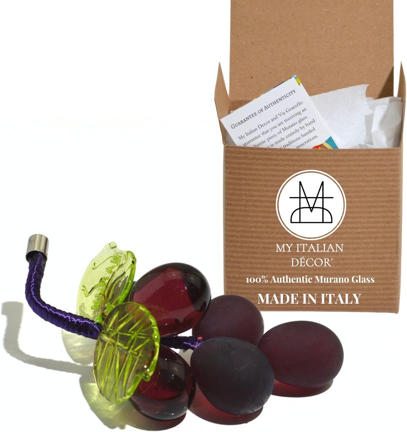 Authentic Handmade Murano Glass Grapes Figurine | 3" x 2" | Exquisite Artistry | Faux Fruit | Artificial Fruit | Art Glass Fruit | Great Home Decor and Gift Idea, Made In Italy (Violet)