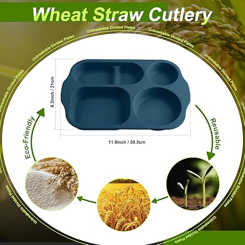 Miniatura 3 de Vesici 8 platos divididos irrompibles de 12 pulgadas, vajilla de paja de trigo, microondas, lavavajillas, bandeja de almuerzo, platos ligeros para