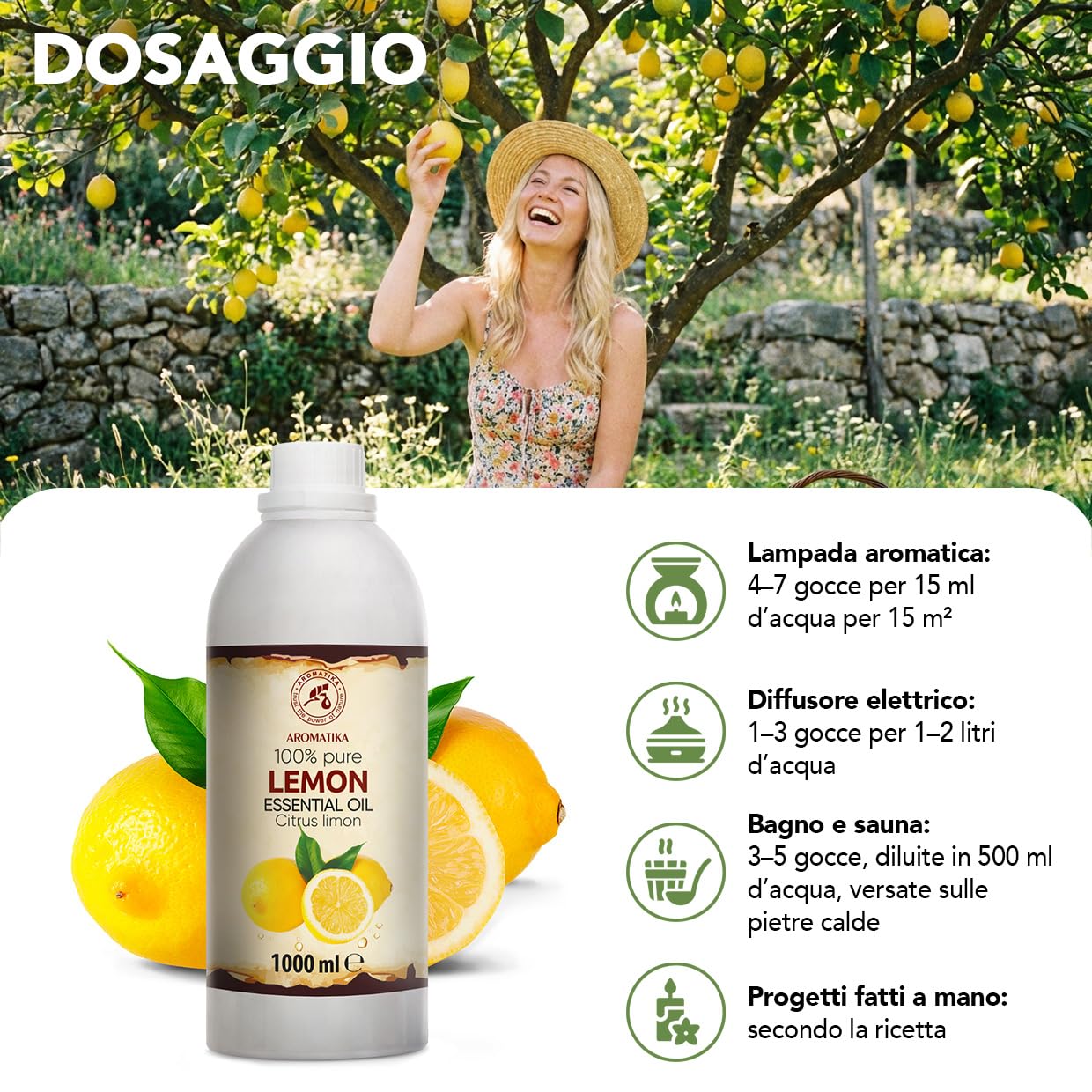 Olio essenziale di Limone 1000 ml - Citrus Limon - Naturale e Puro - Olio essenziali per Diffusori - Profumi per la Casa - Saponi e Candele - Sauna - Aroma di Agrumi - Aromaterapia