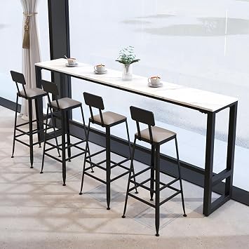 Modern Slate Bar Table Faux Marble Top with Black Iron Base,Trestle Table Rectangle Sofa Console Table Bar Height Long Dining Table,Kitchen Table- No Stool70.9" L x 15.7" W x 41.3" H, White