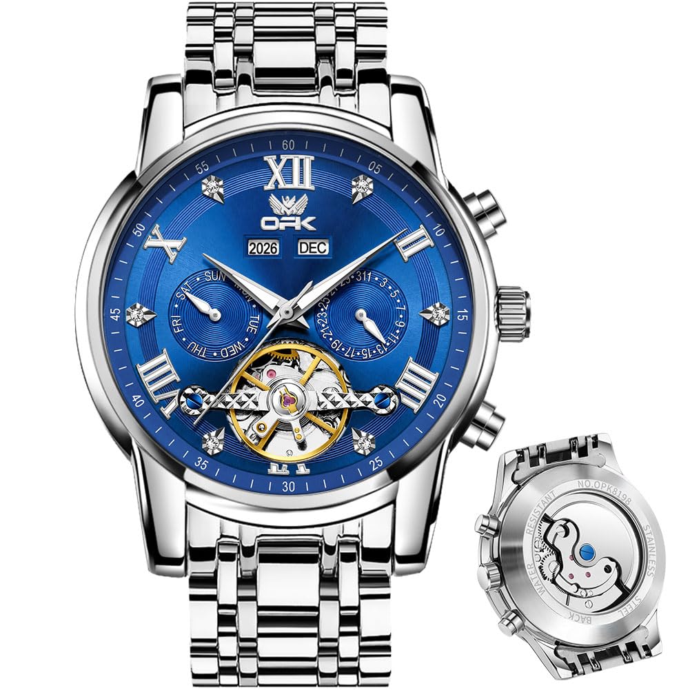 Automatic Watches for Men Mechanical Tourbillon Calendar Stainless Steel Self Winding Men…