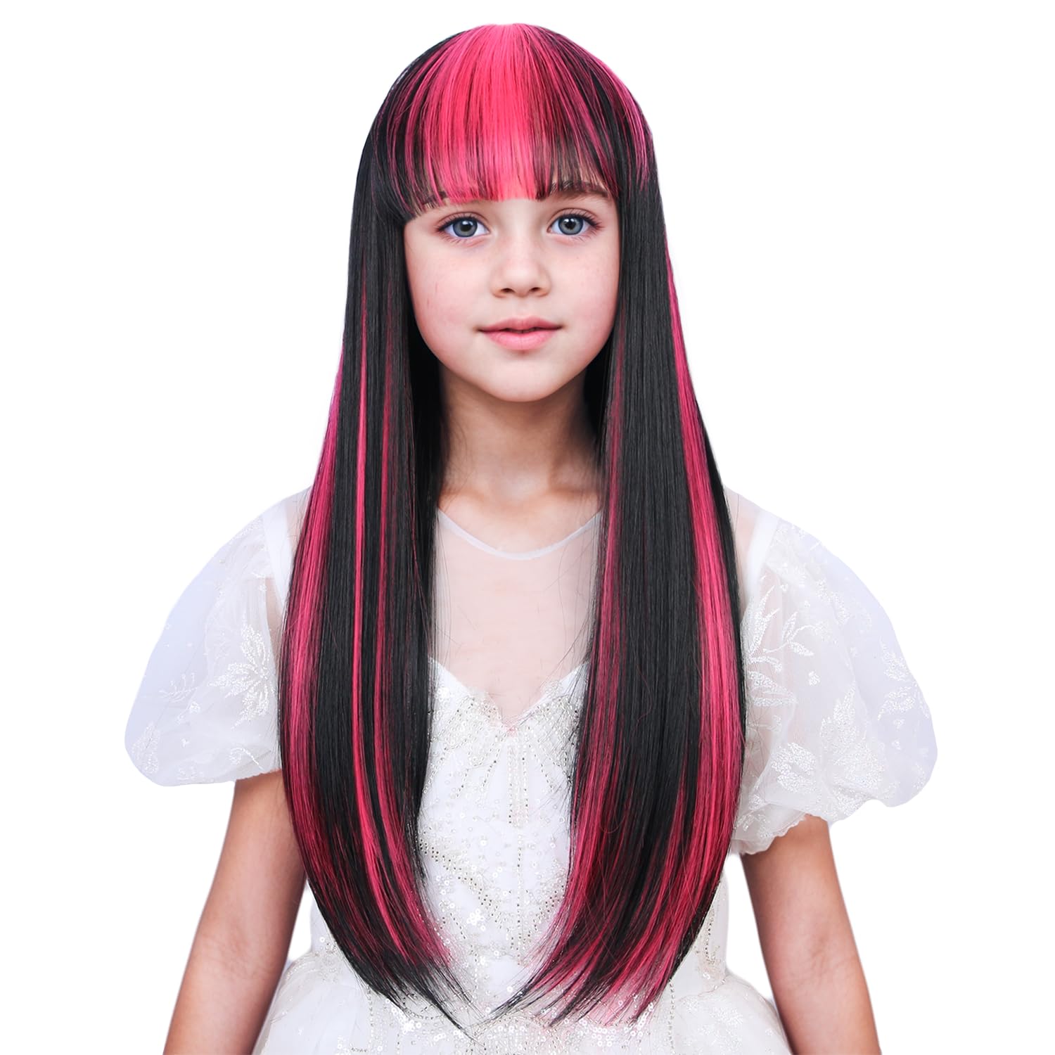 WAVELNM Kids Black and Pink Wig with Bangs Child Black Wigs with Pink Highlight Long Straight Wigs for Kids Girls Daily Halloween Cosplay Wig