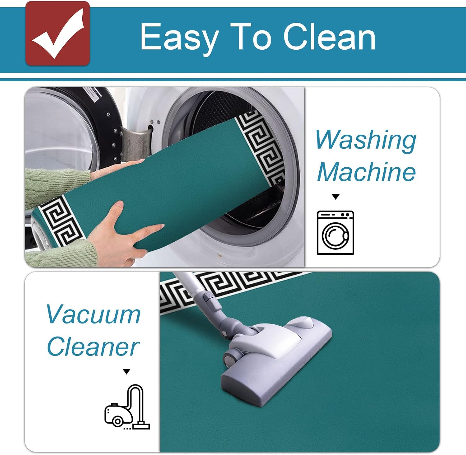 Prime Leader Teal Green Kitchen Mat Set 2 Pieces Greek Chinese Style Border Geometric Non Slip Kitchen Rugs Washable Runner Rug Mats for Sink Laundry (15.7" x 23.6"+15.7" x 47.2")