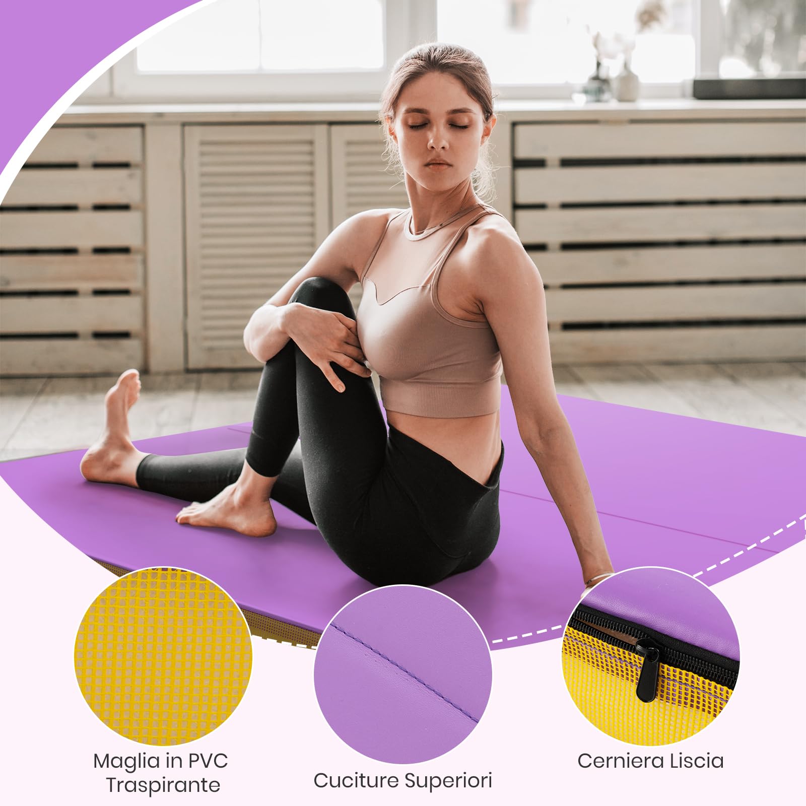 COSTWAY Tappetino Fitness Pieghevole, Materassino per Ginnastica e Acrobatica con Rivestimento in Pelle Sintetica e Maniglie, per Esercizi a Casa per Yoga, Stretching e Pilates