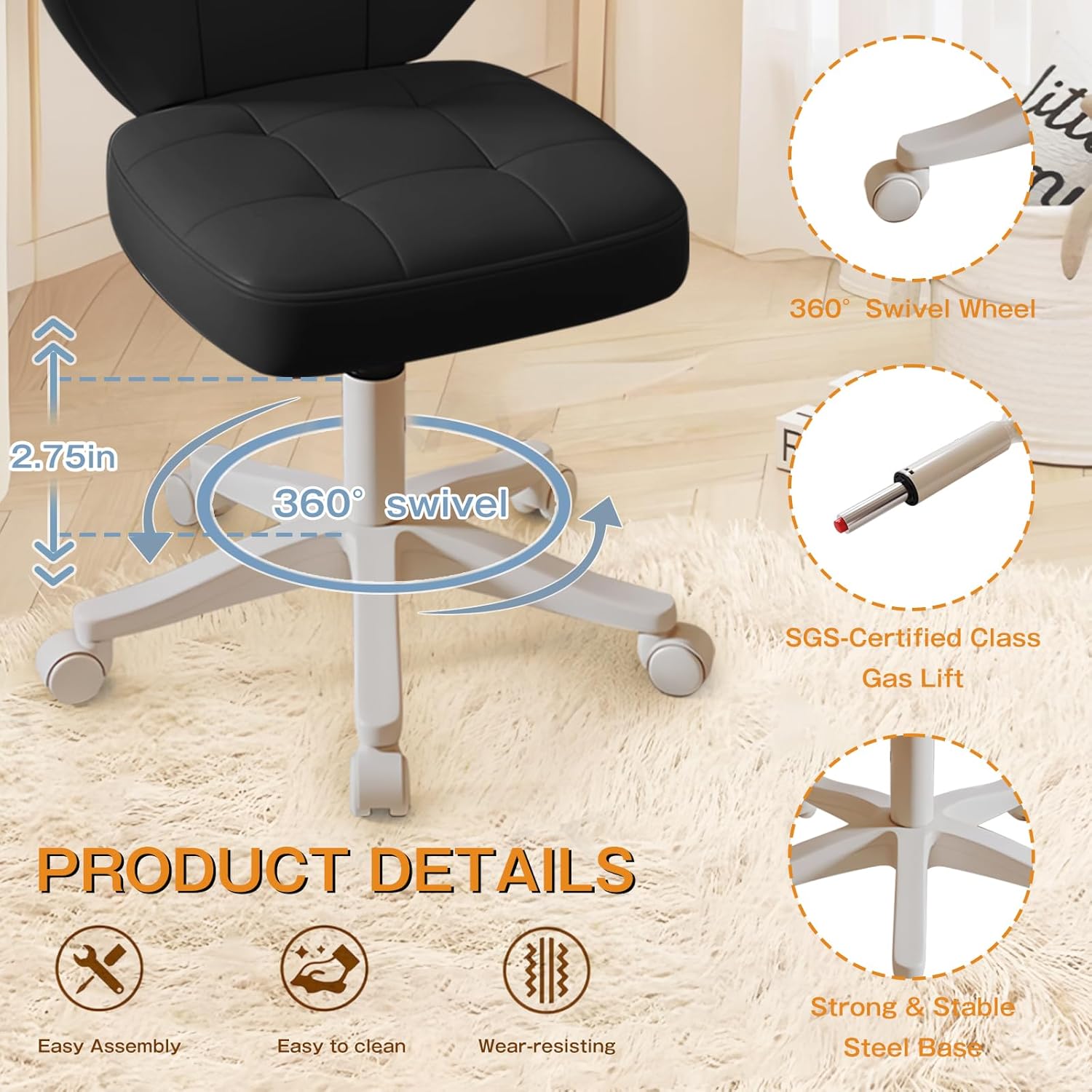 Vanity Chair with Back – Small Armless Office Chair with Wheels, Lumbar Support, PU Leather, Adjustable Height, 360° Swivel for Home, Bedroom, Office Black Set of 1
