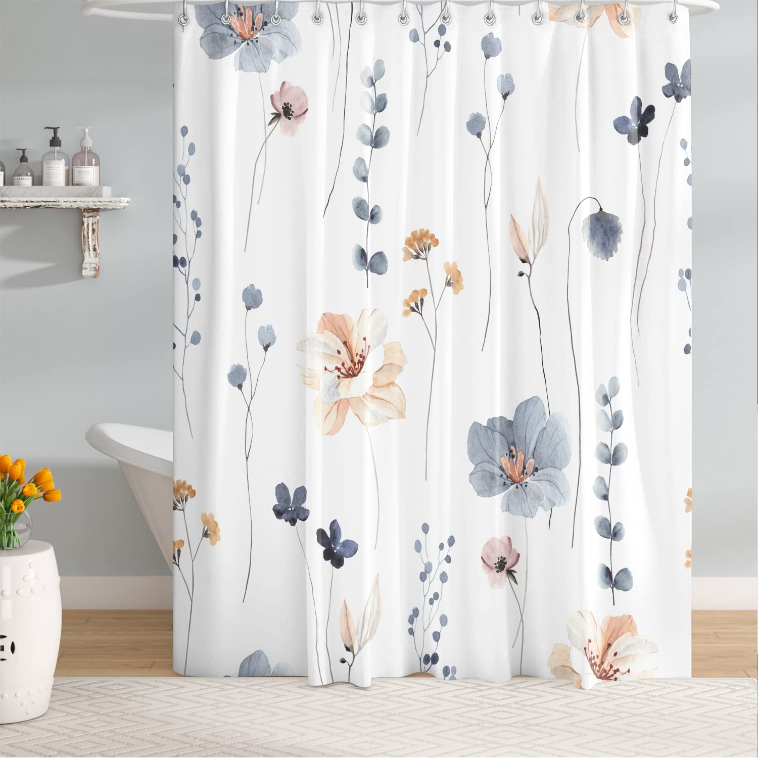 BIVINAR Extra Long Blue Vintage Floral Shower Curtain 72 x 84 Inch, Botanical Flower Shower Curtain for Bathroom Decor, Waterproof Fabric Wildflower Shower Curtains with 12 Hooks