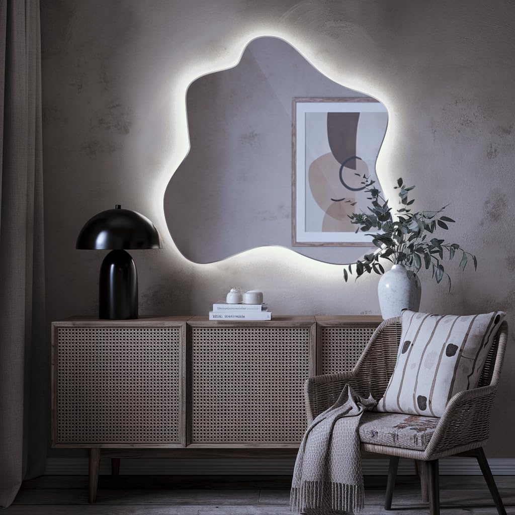 Grande Specchio Con Luci 77,3x76,6 cm Forma Irregolare Organico LED Illuminazione per Soggiorno Bagno Camera da Letto il Corridoio Bianco Freddo da Trucco Moderno Design Senza Cornice Asimmetrico