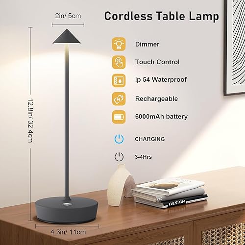 Miniatura 3 de Juego de 2 lámparas de mesa inalámbricas recargables, 6000 mAh LED, funciona con pilas, lámpara de escritorio con control táctil, atenuación