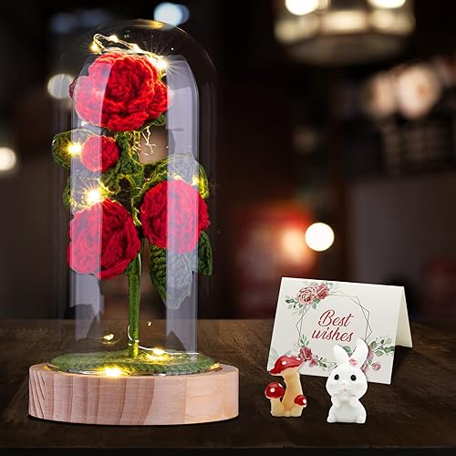 Rosa para mujer, rosa en cúpula de cristal, regalo de flor de rosa de cristal, rosa de ganchillo hecha a mano, regalos de rosas para mujeres, niñas,