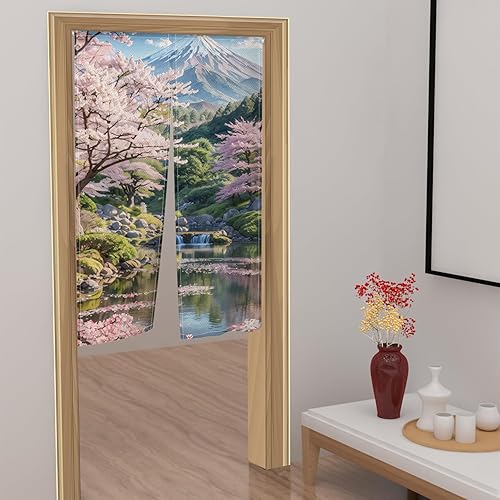 Miniatura 2 de Cortina japonesa de puerta de montaña Fuji, tapiz de paisaje natural de bosque verde rosa para colgar en la pared, división japonesa Noren para