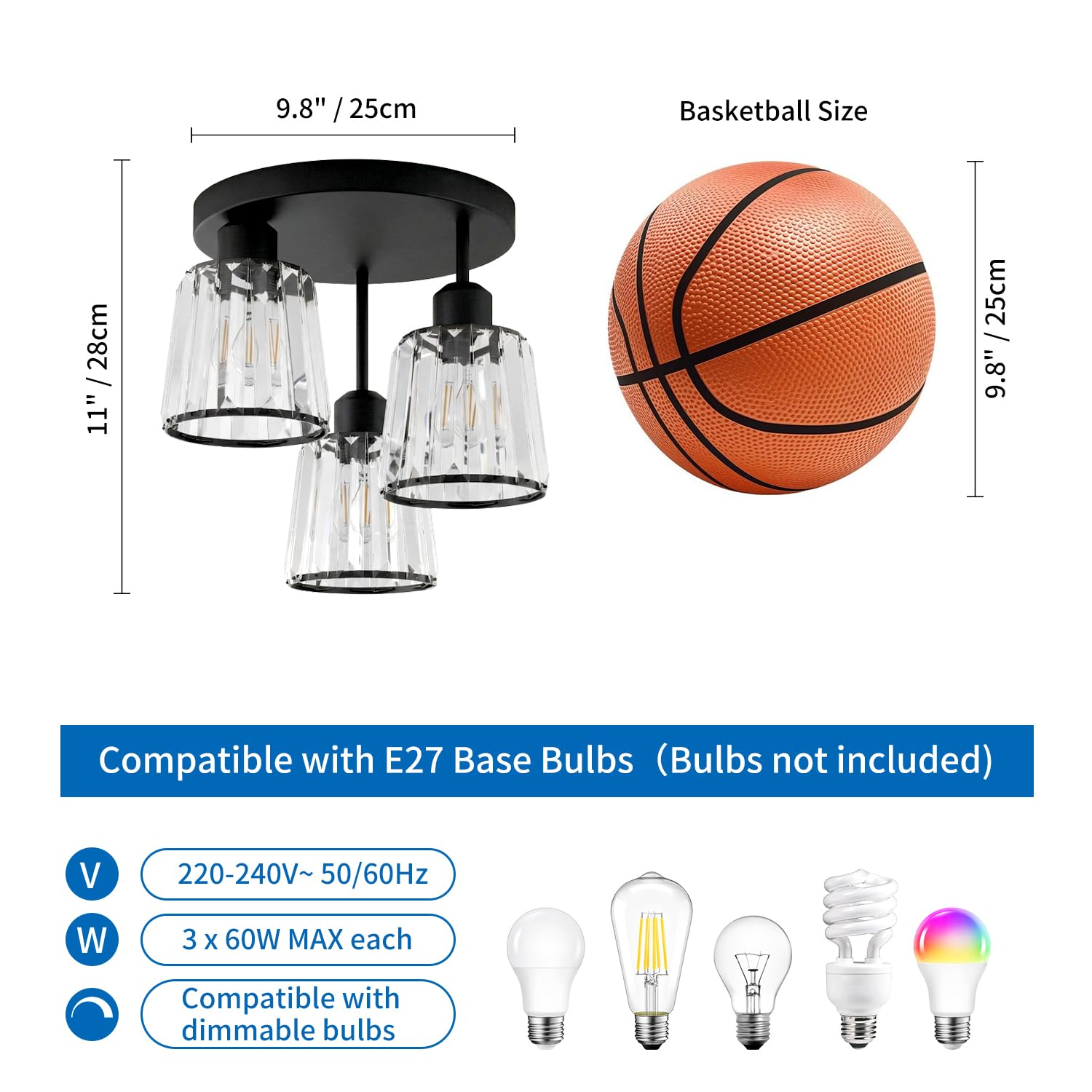 ANWIO Lámpara de Techo de Cristal E27, Plafones de Techo Modernos Negro, Lampara Techo Dormitorio está Equipada con 3 Pantallas de Vidrio, Candeeiro Teto Ideal con Salones, Cocina,Baño(Sin Bombilla)