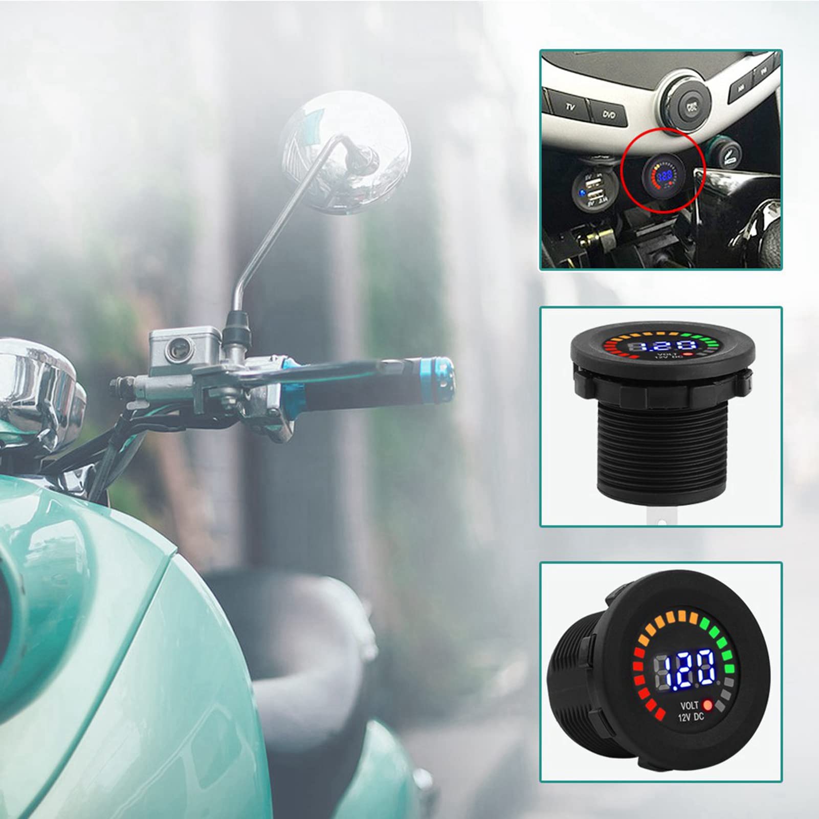 Woltomierz motocyklowy, cyfrowy wyświetlacz LED Akozon 12V Wodoodporny woltomierz/miernik napięcia do samochodu motocykl ciężarówka łódź