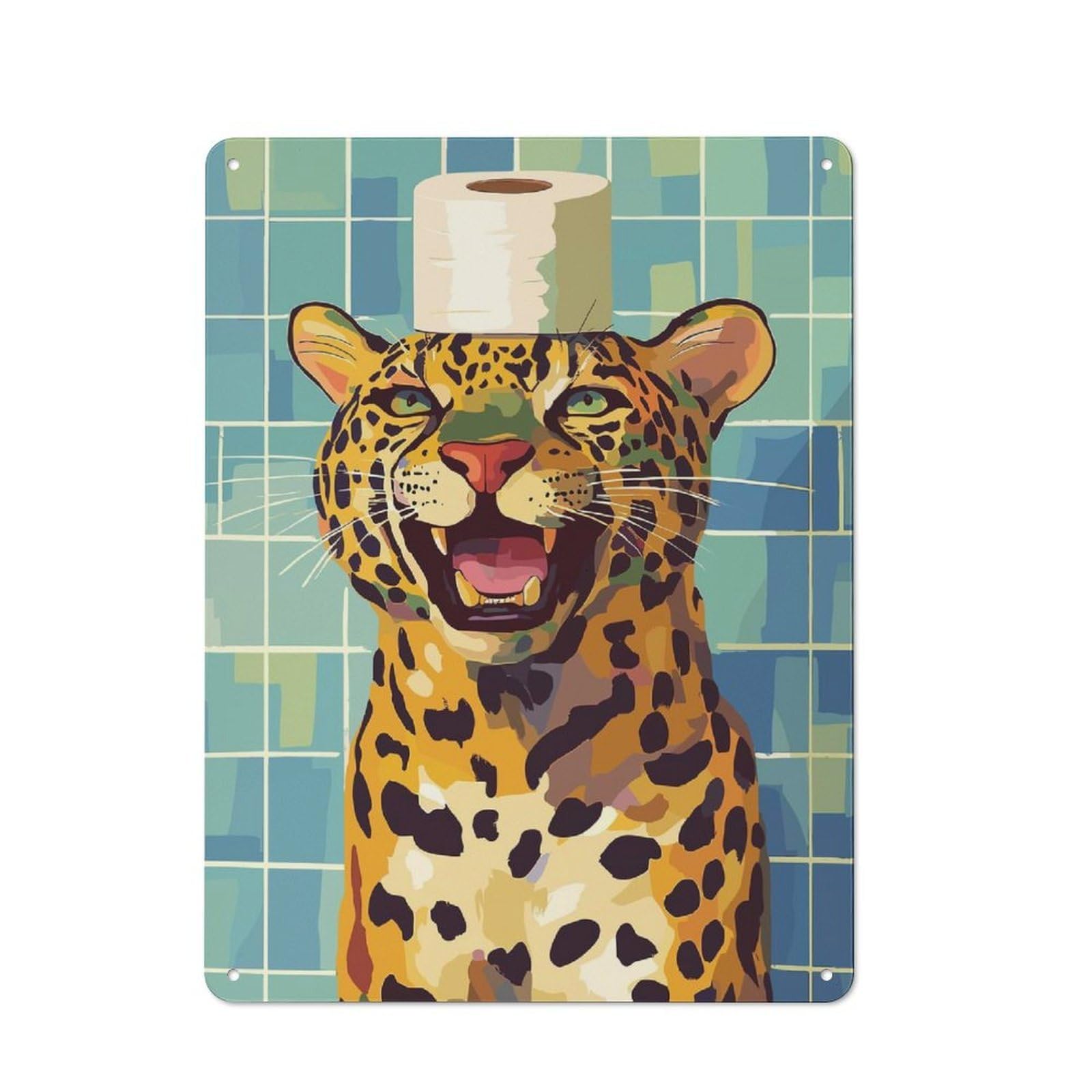 Junmoney Style-19 Kitchen Metal Sign With Leopard With Toilet Paper Hat Design 40X30cm, Cosy Kitchen Wall Decor For Coffee Bar, Kitchen, Bistro Or Tea Corner