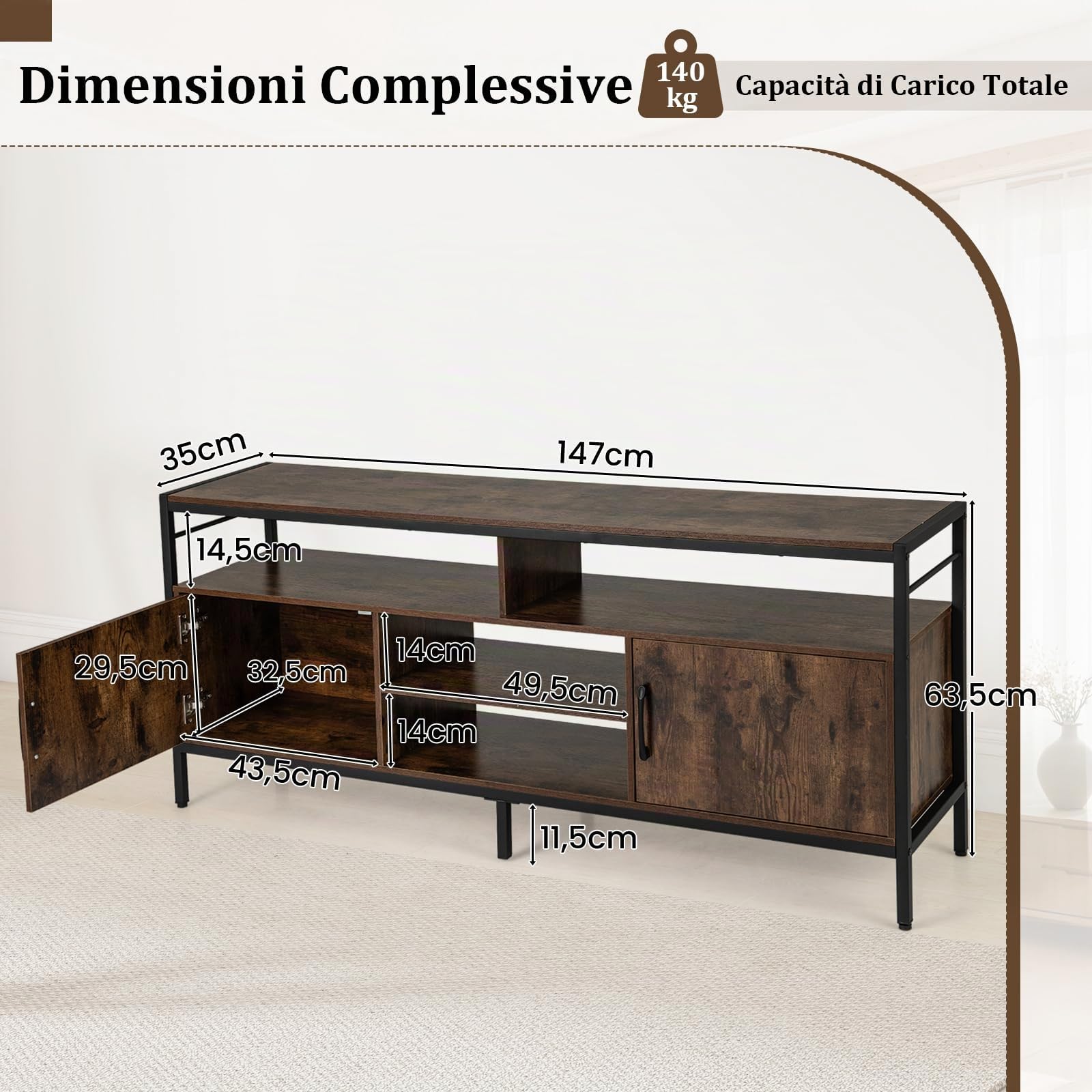 COSTWAY Mobile TV Soggiorno fino a 65", con 2 Armadietti e 4 Ripiani Aperti, Tavolino Porta TV con Gambe in Metallo, Centro di Intrattenimento per Soggiorno Camera da Letto (Marrone, 147 x 35 cm)