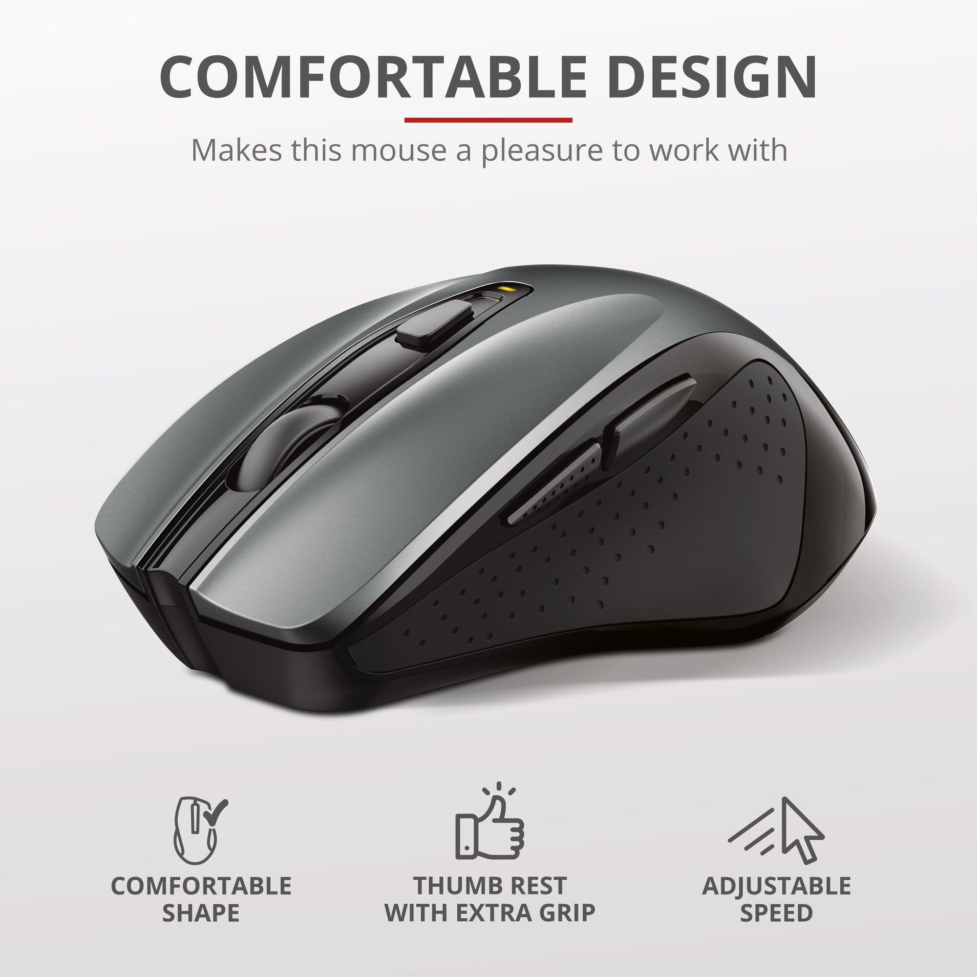 Trust Nito Mouse Wireless Ergonomico, Mouse senza Fili Confortevole, 6 Pulsanti, 800-2200 DPI, Microricevitore USB, Batteria Inclusa, Ufficio a Casa Mac PC Macbook Laptop Chromebook, Nero