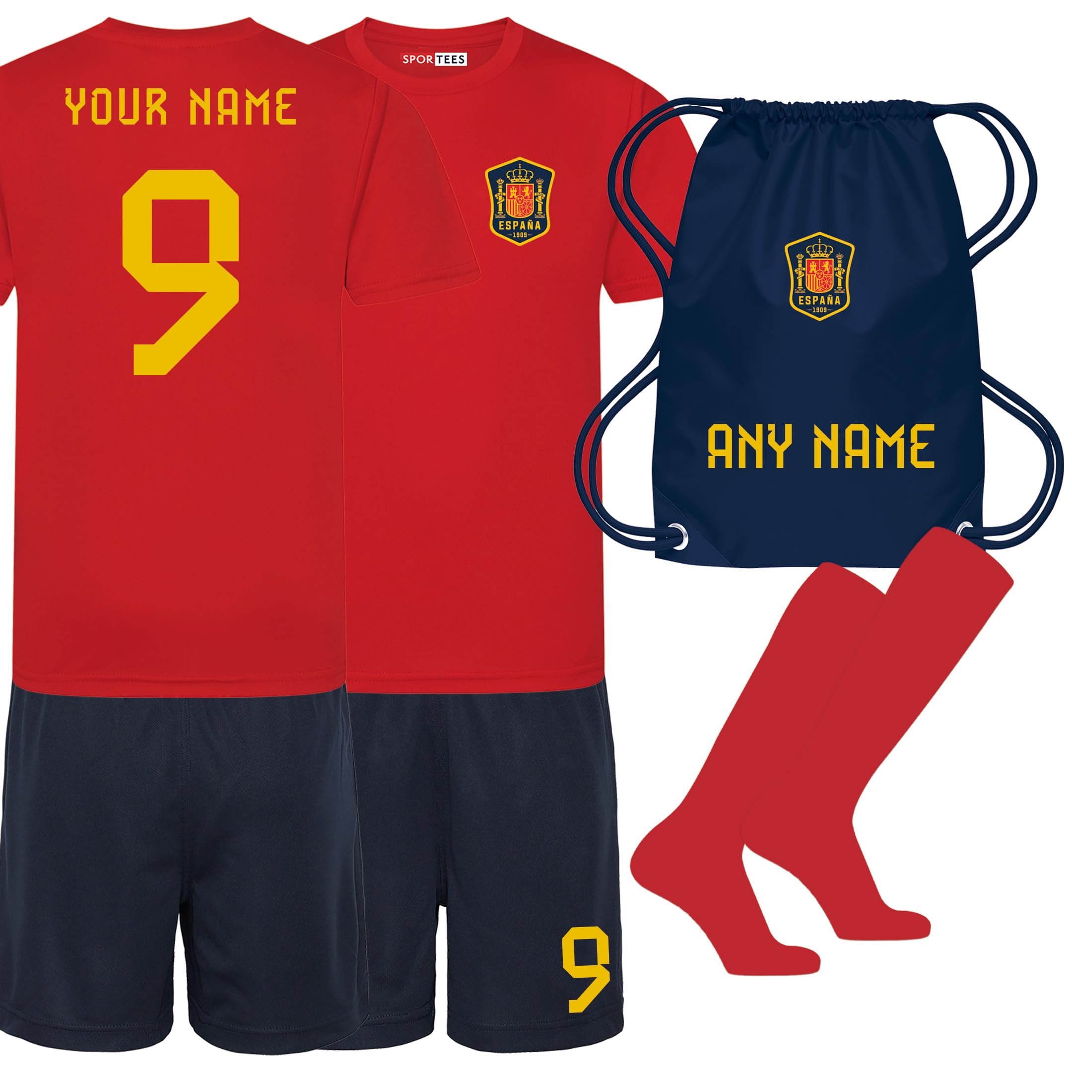 Sportees Personalised Spain Cup Style Football Kit With FREE Socks & Bag for Spain Football Shirt Boys Girls Best Gift for Child and Unisex Kids Spanish Kit Playwear 3 to 13-Year-Old