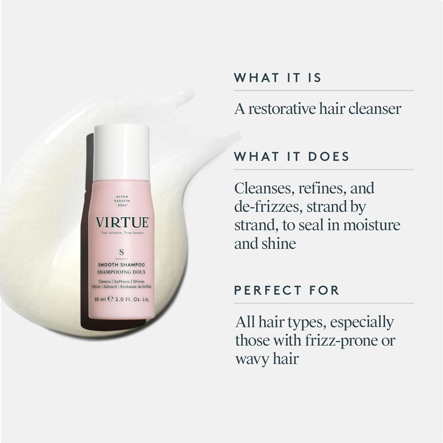 VIRTUE Smooth Sulfate Free Shampoo for Frizz Control for Curly Hair, Safe for All Hair Types, Color Safe - Image 5