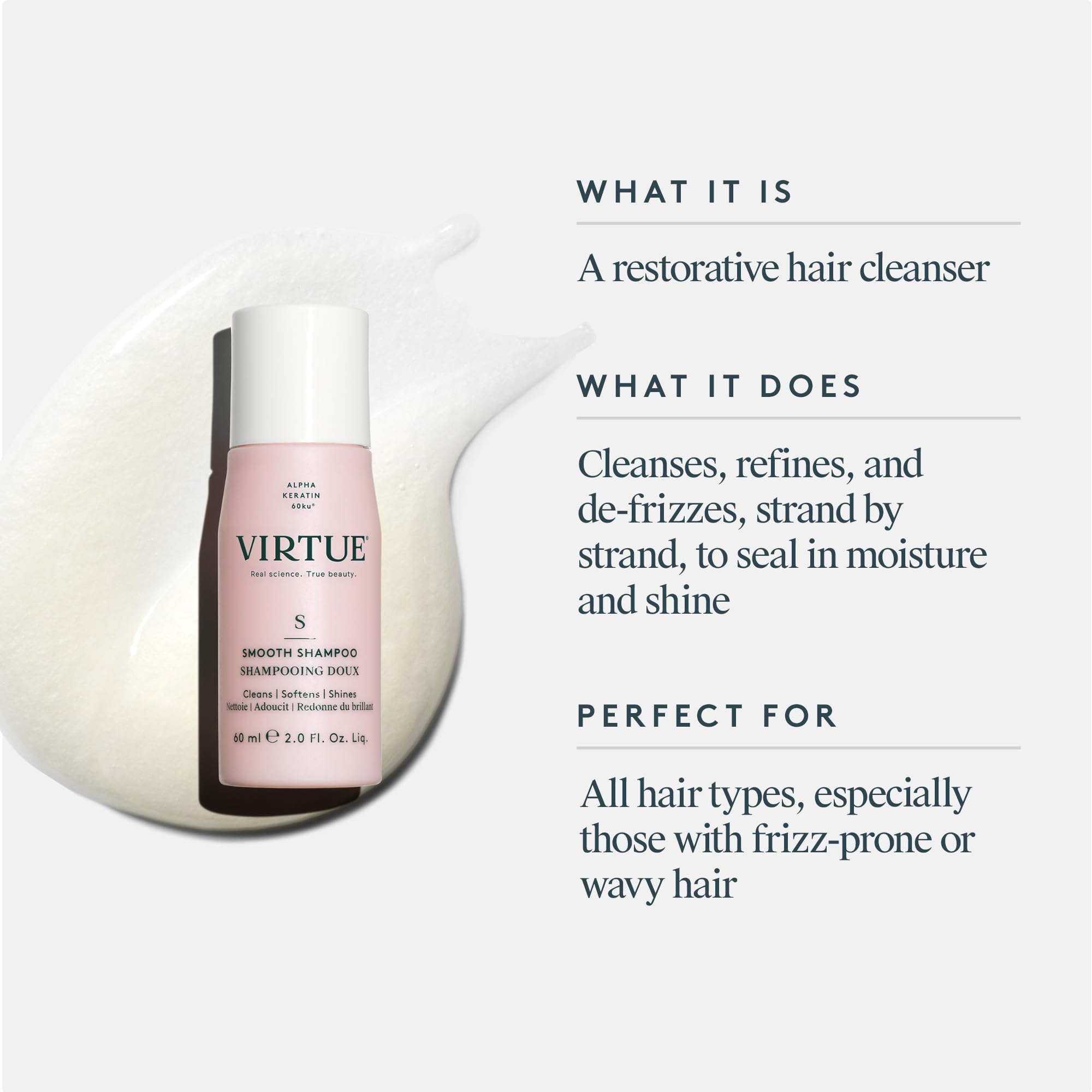 Virtue Shampoo liscio senza solfati, deterge e controlla l'effetto crespo, ideale per capelli ricci, colore sicuro, 60 ml