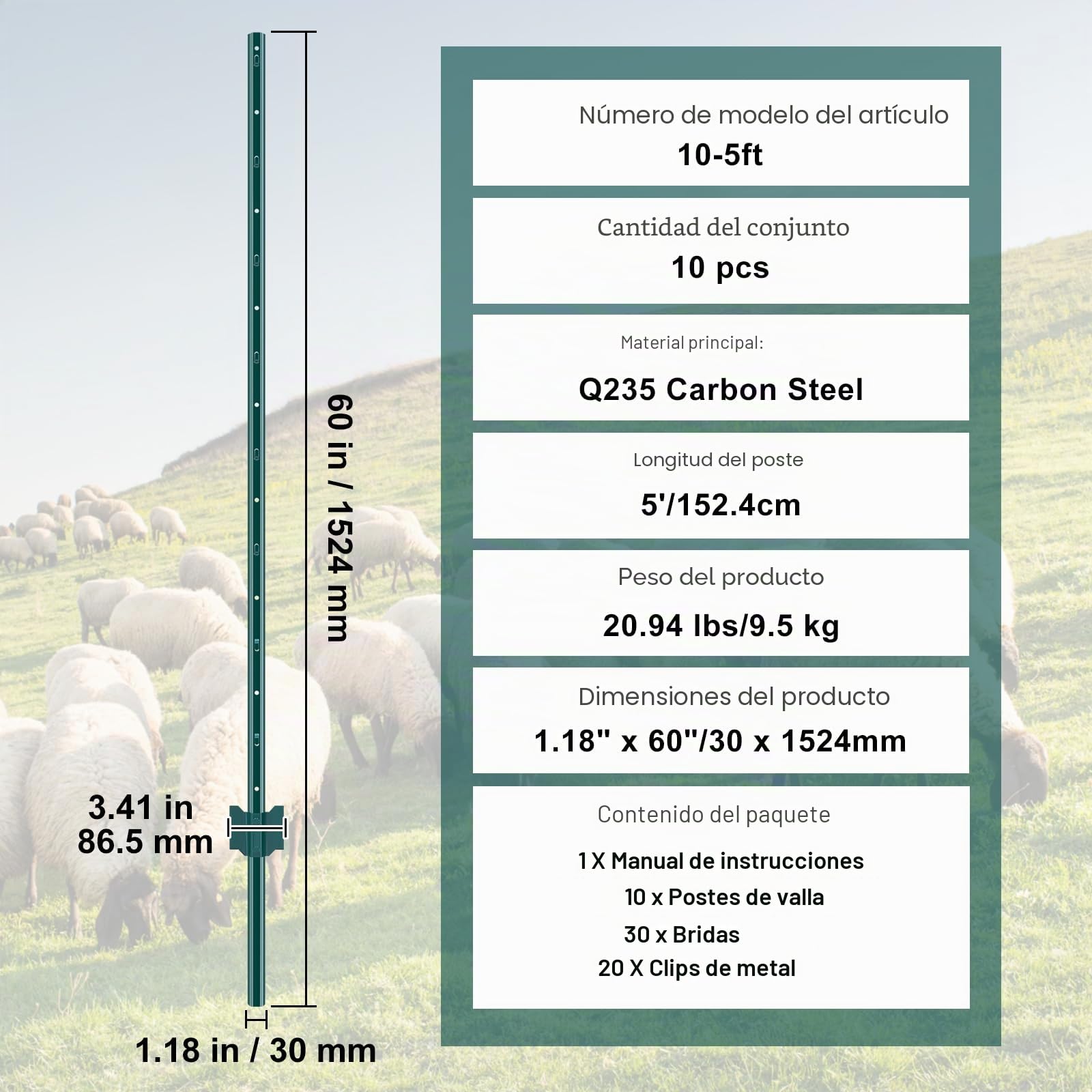 VEVOR Postes de Cerca de Metal 152,4 cm Postes de Cerca de Acero al Carbono Resistentes 10 Piezas Postes de Metal para jardín, Césped, Granjas, Cercas al Aire Libre, Huertos, Carreteras, Verde