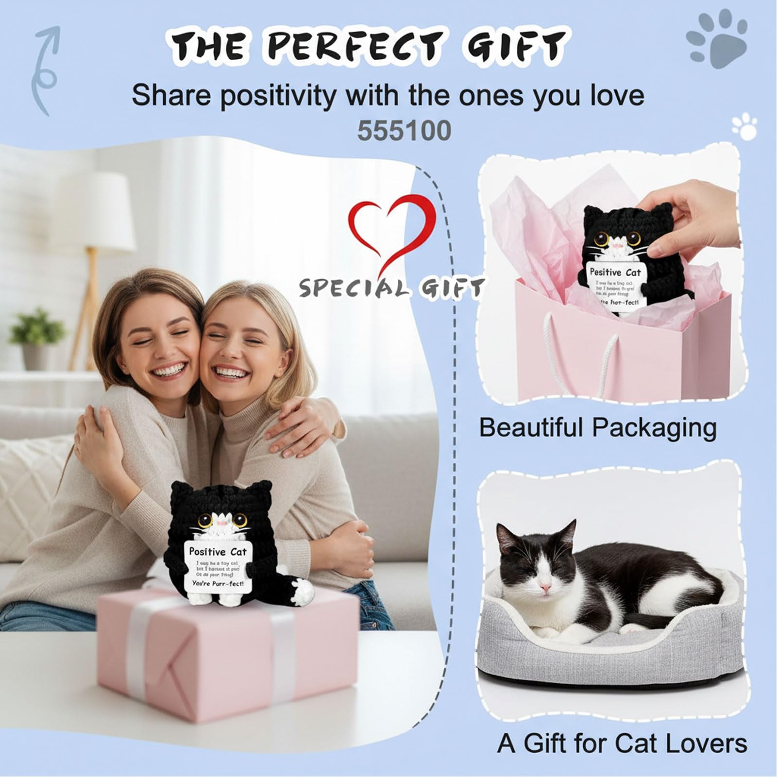 Positiva Gatto all'Uncinetto Portafortuna Fatto a Mano Confezione Regalo Nera