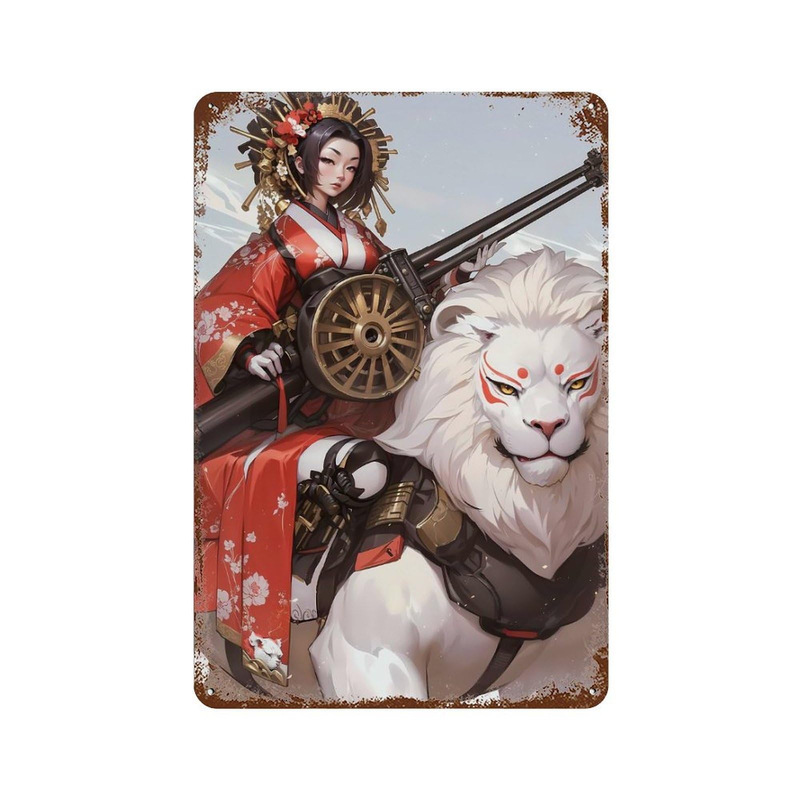 Geisha on Lion with Gatling Gun Rusty Metal Tin Sign 11.8"x7.9", for Farmhouse, Kitchen And Entryway Decor, Rustic Home Decor